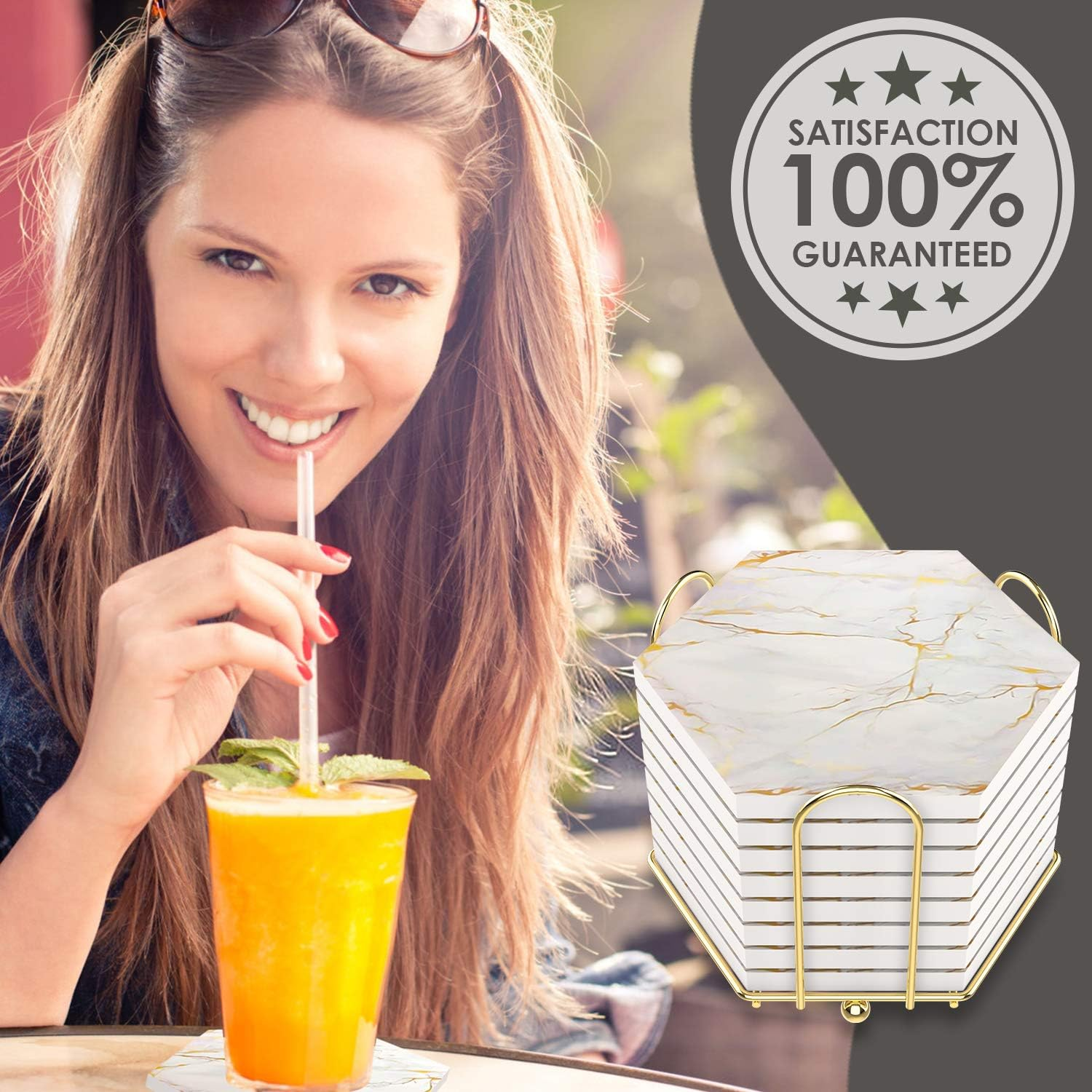 8 PC Coasters for Drinks Absorbent with Holder Marble Design Ceramic Coaster Set Super Absorbent Hot and Cold Drink Coasters Table Coasters with Cork Bottom Cup Coasters for Living Room + More image number 3