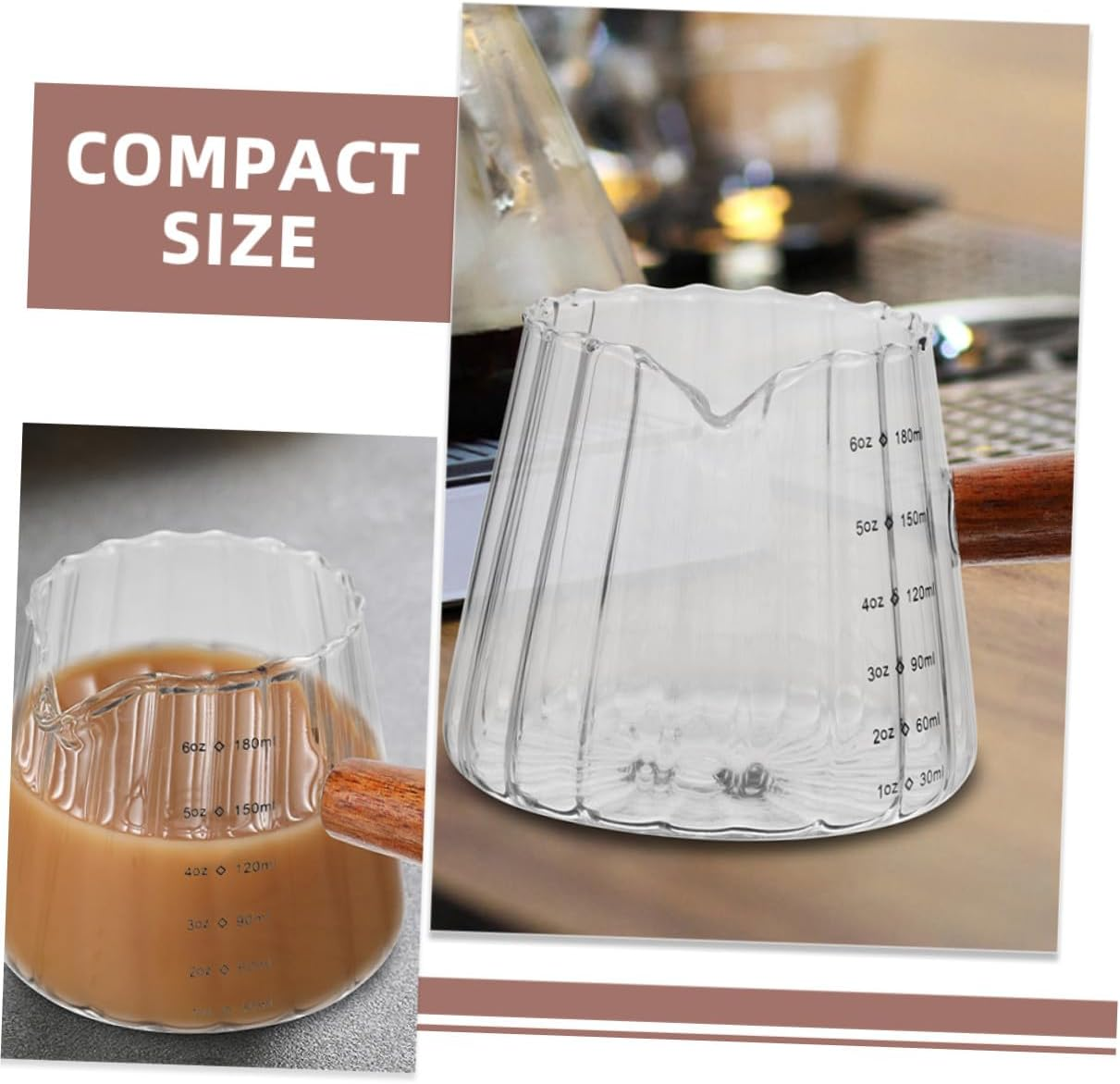 GLEAVI 2Pcs Glass Espresso Measuring Cups with Wooden Handle Milk Frothing Pitchers for Coffee Portion Control Heat-Resistant Mixing Jugs for Home Bar image number 4