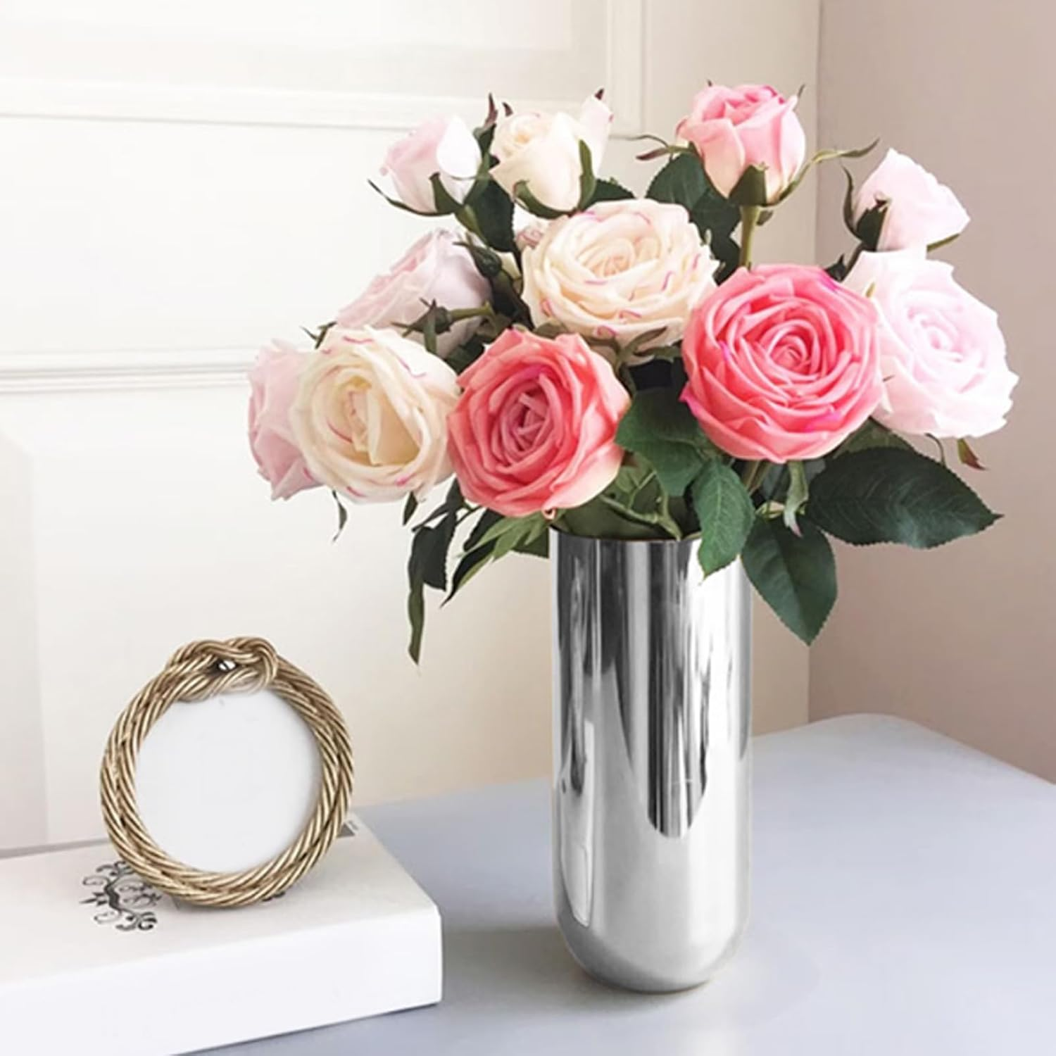 Metal Flower Vase, Stainless Steel Tabletop Silver Vase Holder for Wedding Birthday Anniversary Ceremony Event, Ideal for Countertop Home Decor