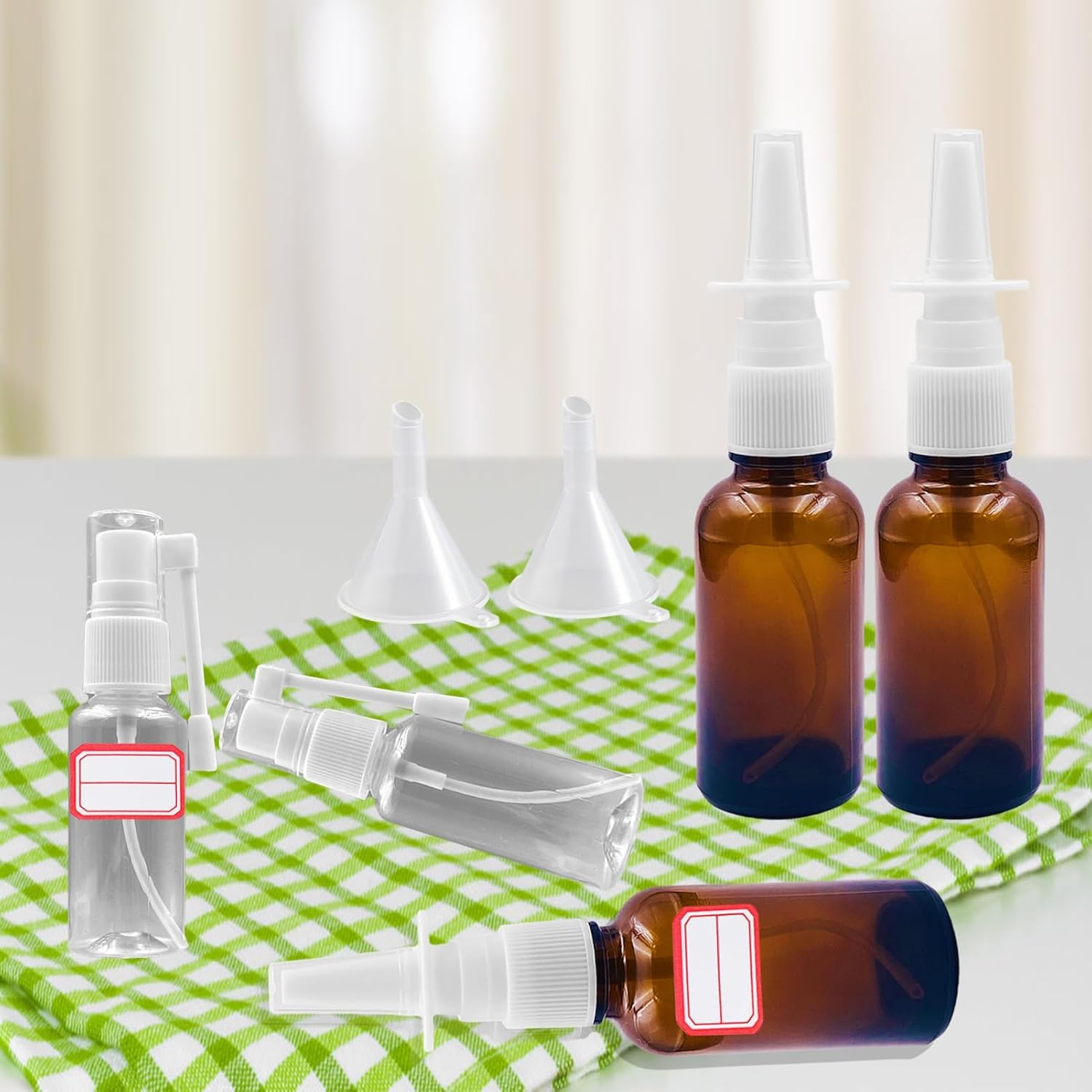 Nasal Spray Bottle, 30 Ml Dropper Bottle with Pipette, 2 Funnels and Labels, Amber Colour, Refillable, Fine Spray Mist for Homemade Cleaning Products, Air Travel or Outdoor Sports image number 4
