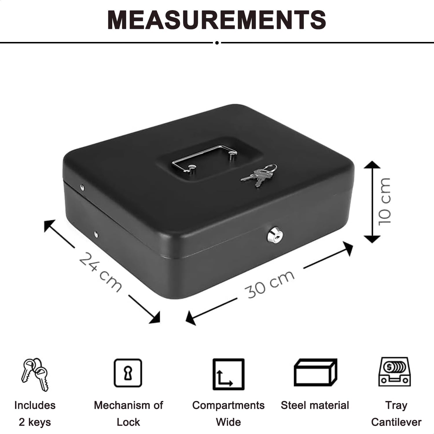 Metal Safe Box with Lock for Bills and Coins, Large Compartments, 2 Keys Included, Secure Locking Mechanism, Practical Spring Clips for Bills image number 1