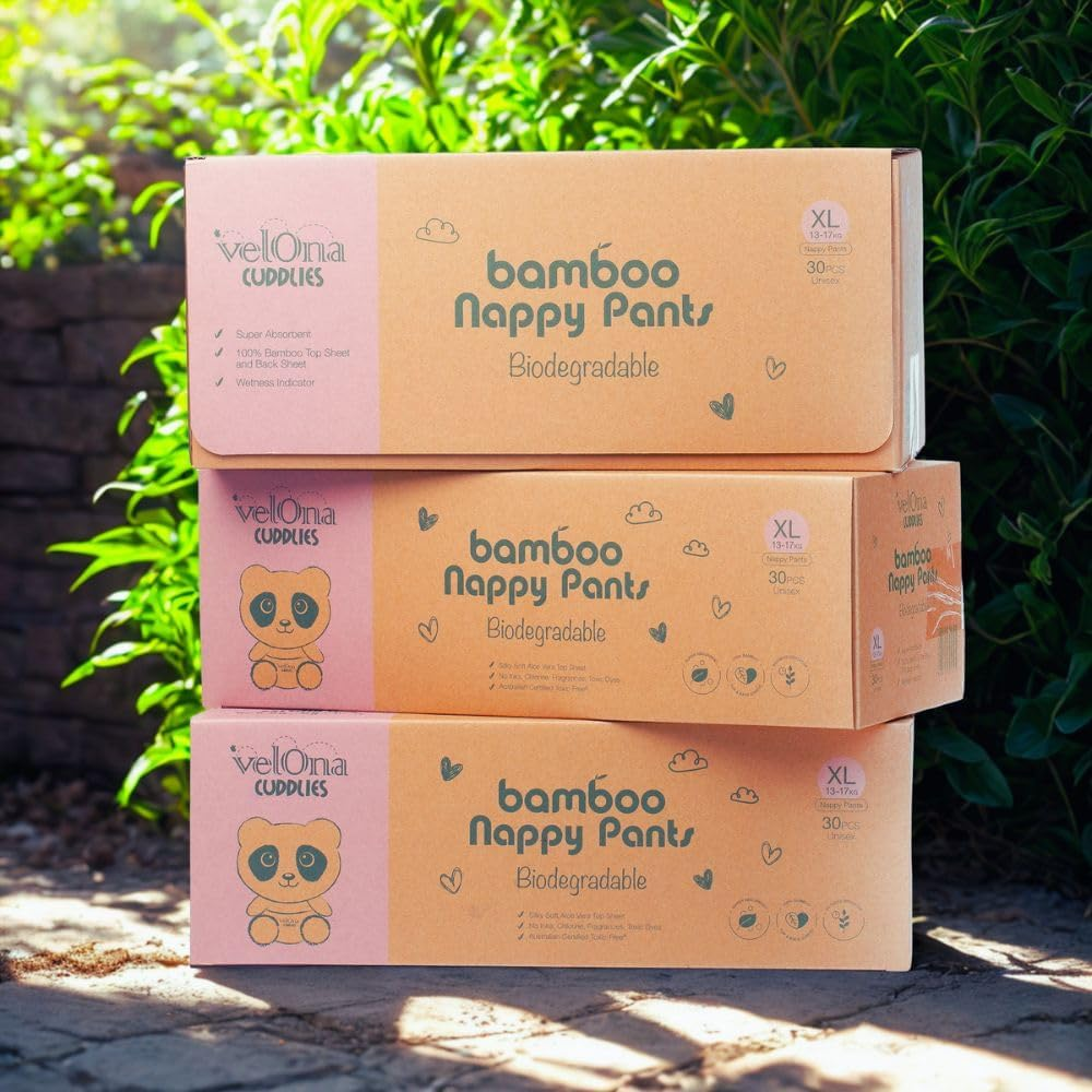 Biodegradable Bamboo Pull up Nappy Pants by Velona Cuddlies - Eco-Friendly & Gentle (3 Pack) | Size 5 Walker | 13-17Kg | 90 Pants