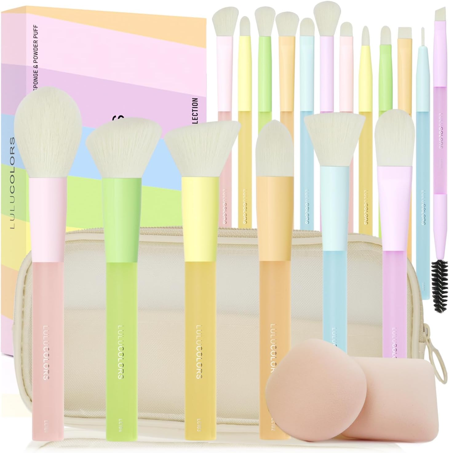 LULUCOLORS Makeup Brush Set 18 Pieces - Soft Vegan Makeup Brushes with Beauty Sponges, Colourful Handles & Aluminium Ferrule, Skin-Friendly, Includes Storage Bag & Gift Box image number 1