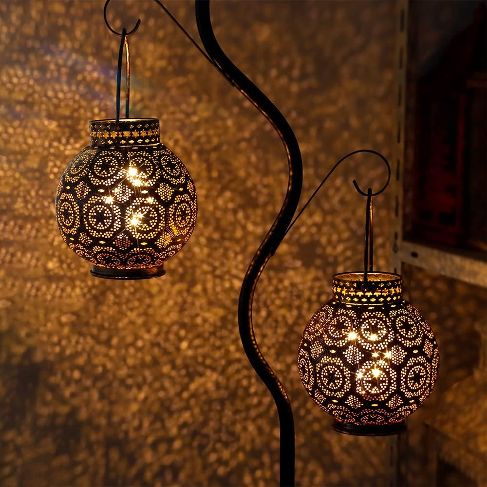 TRIROCKS Set of 2 Moroccan Decorative Lamps 7'' High Battery Powered Cordless Lamp Metal Table Lamps with Fairy Lights Bulb for Home Living Room Garden Yard Party Events Tabletop Indoor Outdoor(Brown) image number 2