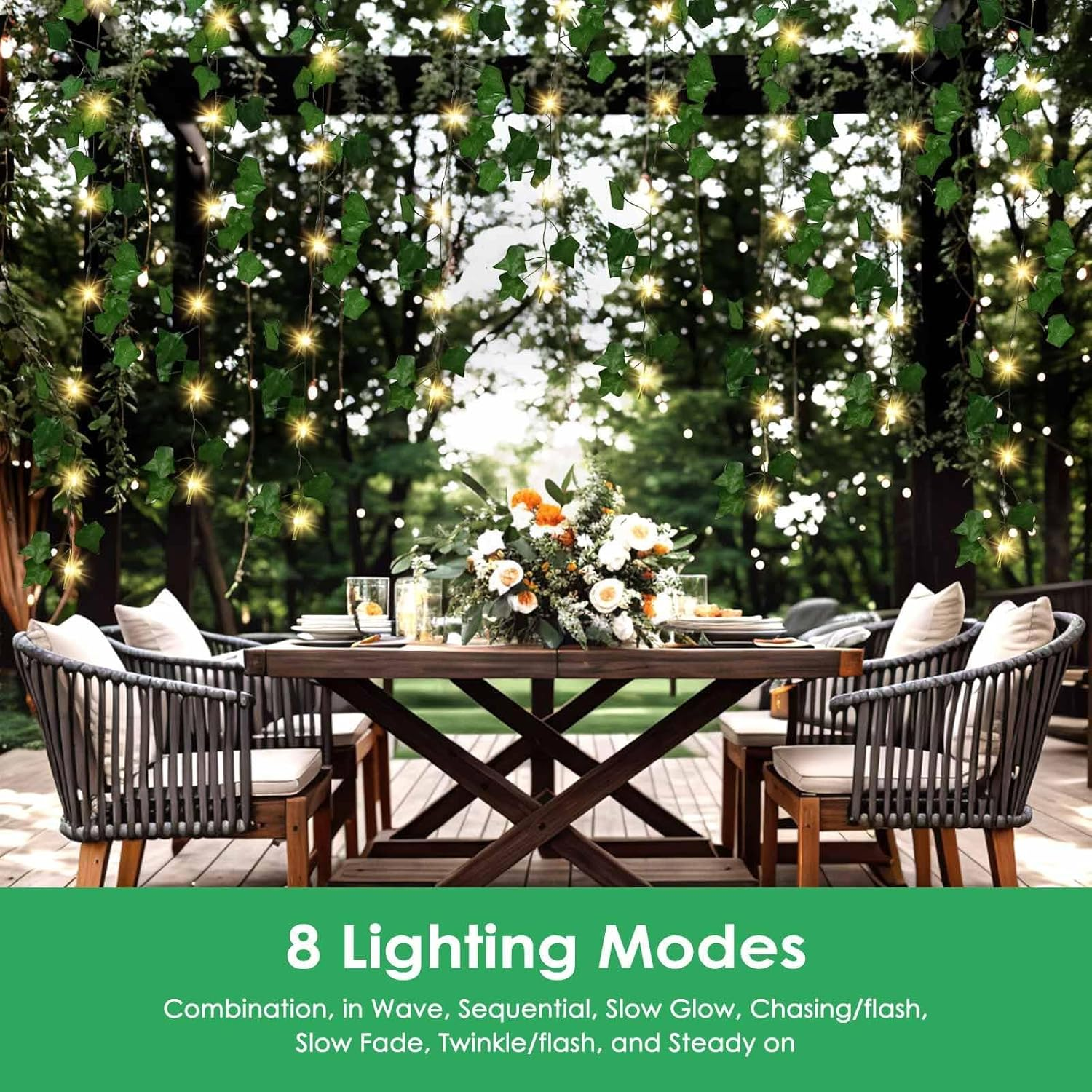 100 LED Solar Ivy Vine Lights 10M Fairy String Bedroom Outdoor Garden Fence Decor Wall Curtain Fake Plant Tree Leaf Garland Hanging Lamps image number 2