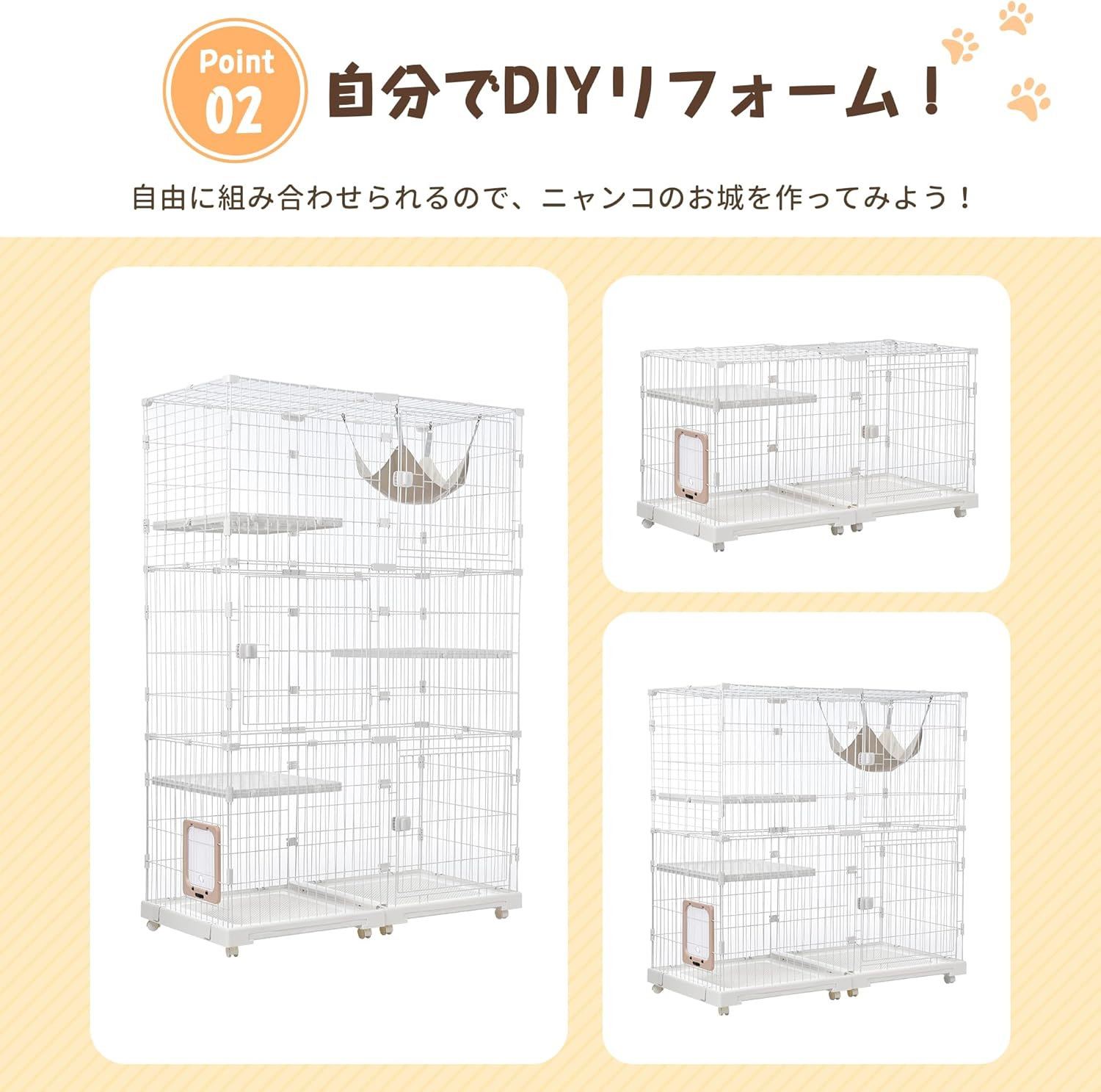 OSJ Cat Cage, 3 Tiers, Wide Design, Freely Combined, Includes Cat Door, Hammock Included, Tray, Large, Cat Cage, for Multiple Families, Cat House, Pet Cage, Answering Machine, Protection, Escape