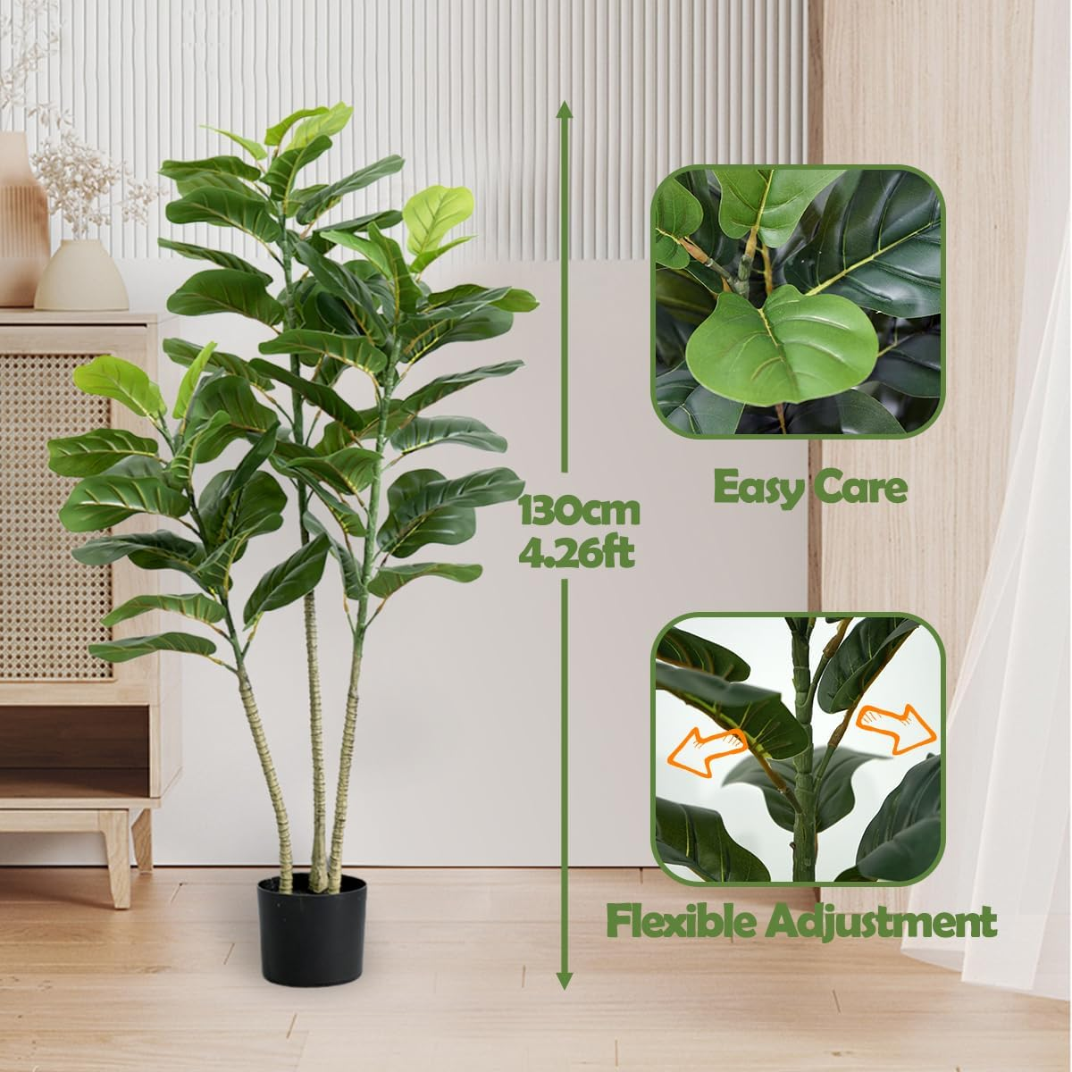 Set of 2 Artificial Fiddle Leaf Fig Trees, 130CM Tall Fake Plants with Pots, Large Faux Ficus Lyrata with Realistic Green Leaves for Indoor Home Decor, Outdoor Decoration &ndash; (130CM-2PCS-B)