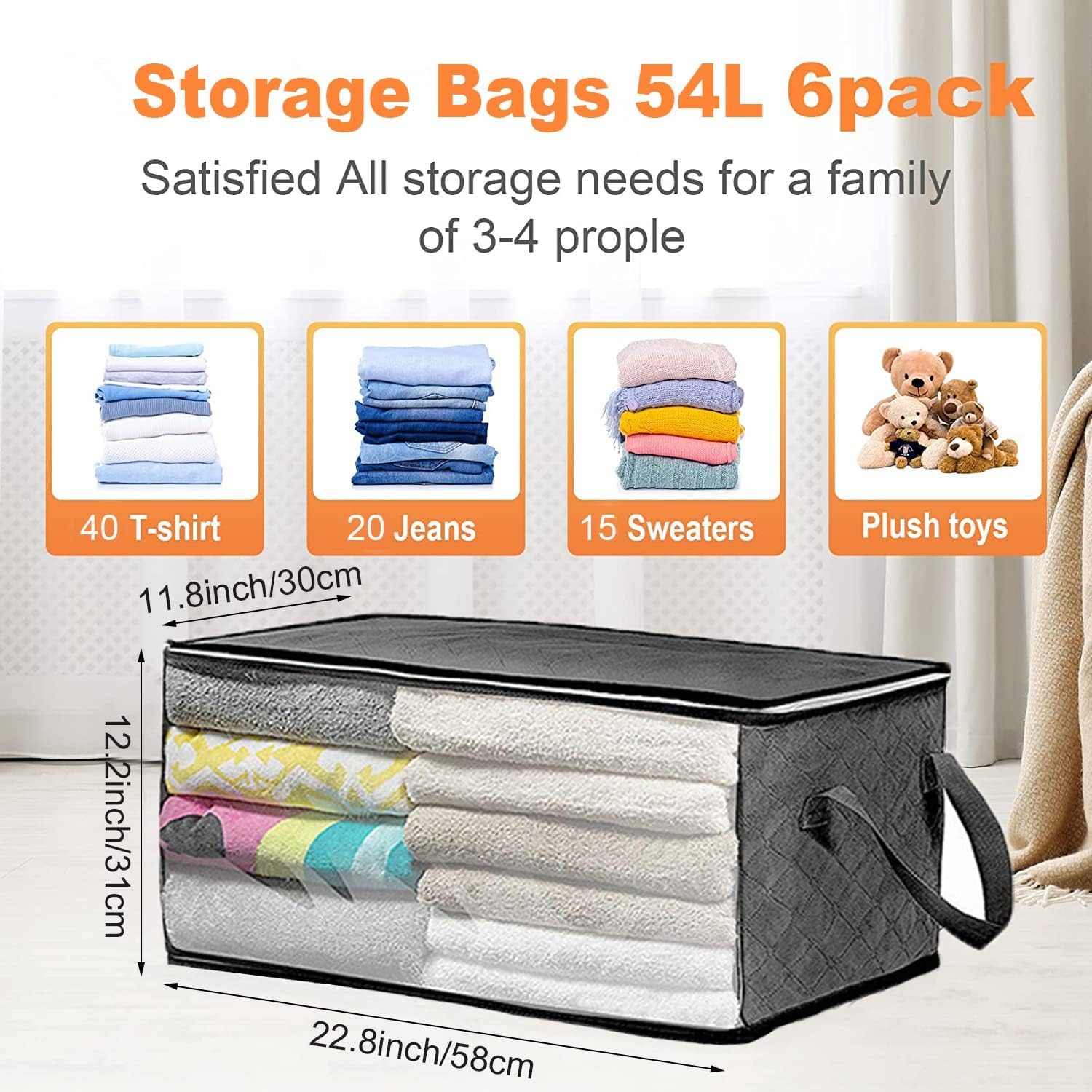 CJWLKJ 54L Clothing & Closet Storage Bags, 6 Pack Closet Organizers and Storage, Clothes Foldable Storage Bins with Handles, Storage Containers for Clothing, Blanket, Comforters, Toys, Bedding, Grey