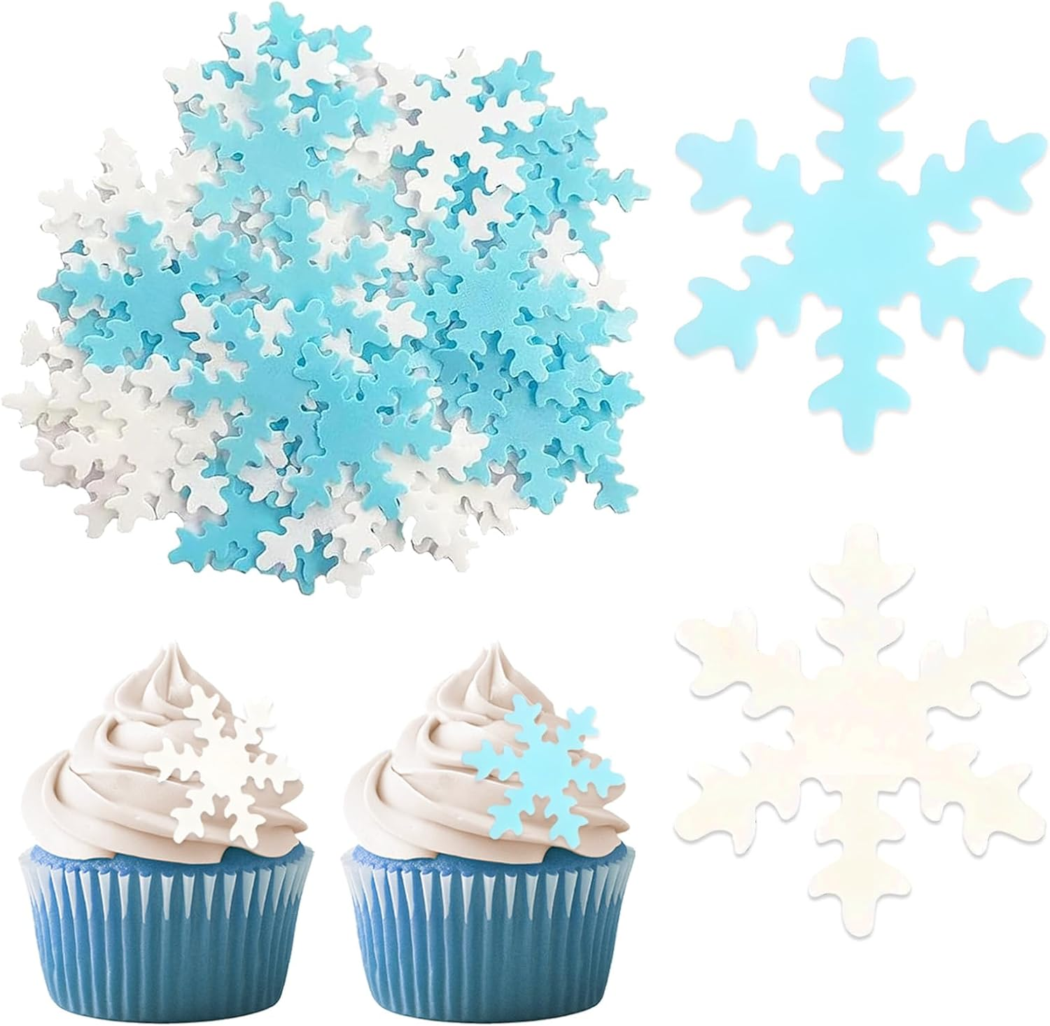 50Pcs Snowflake Cake Cupcake Topper, Edible Winter Frozen Snowflake Cake Decorations Edible Wafer Paper for Birthday Party Decor Supplies (Pink) - White+Blue