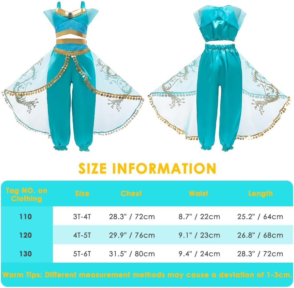 AUTOWT Belly Dance Jasmine Costume, Sequined Princess Dress up Cosplay Aladdin Halloween Party Sleeveless Arabian Outfit Dress Cyan Skirt for Girls image number 3