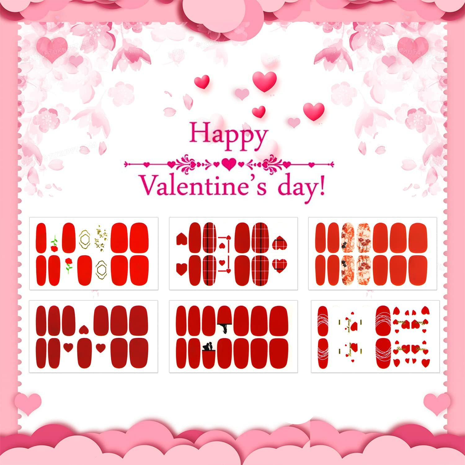 JERCLITY 12 Sheets Red Series Valentine'S Love Heart Nail Stickers Full Nail Wraps Real Nail Polish Strips for Women Nails Art with Nail File Nail Strips Gel Stickers for Nails image number 5