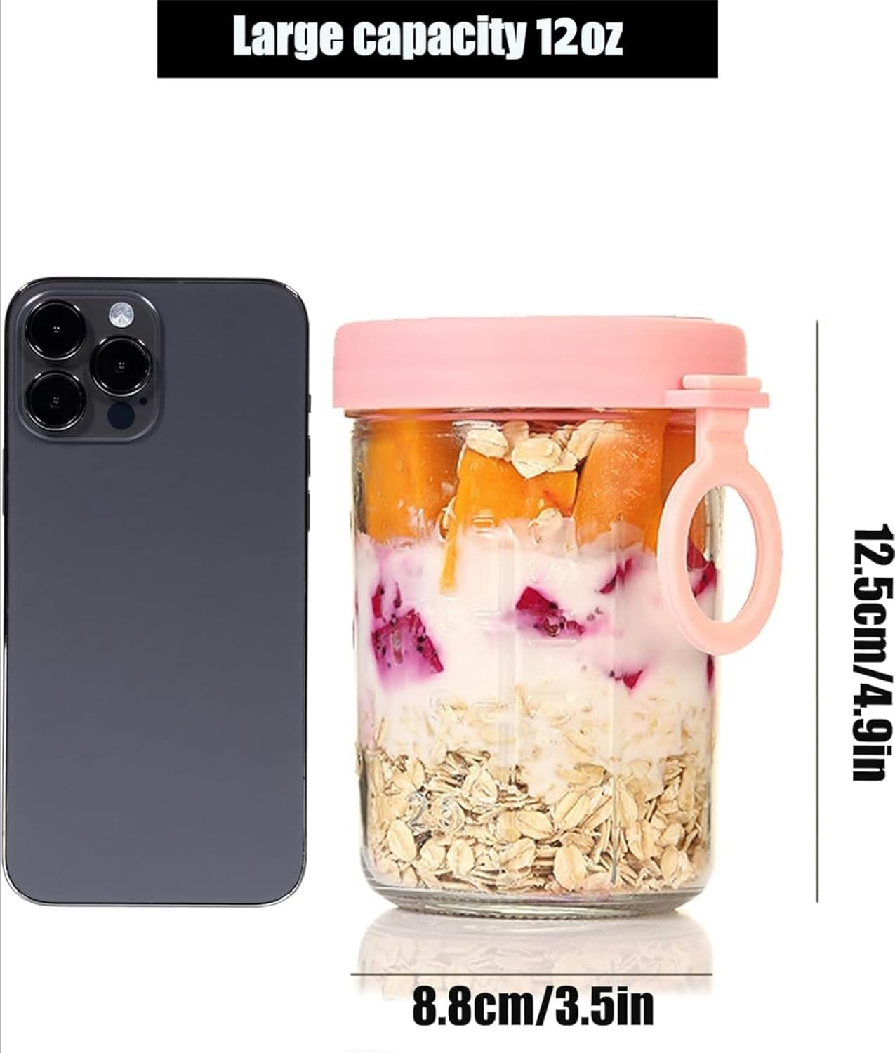 6 Pack Overnight Oats Jars, Overnight Oats Container with Lid and Spoon, 12Oz Mason Jars with Lid for Cereal with Measurement Marks, Glass Airtight Oatmeal on the Go image number 5