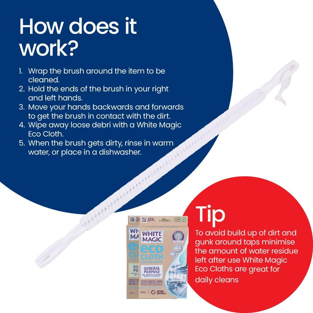 White Magic Nook & Cranny Washing Brush - 63Cm, Made in USA, Versatile Cleaning for Hard-To-Reach Areas, Ergonomic Dual-Hand Grip, Durable, Firm yet Gentle Bristles, Dishwasher Safe