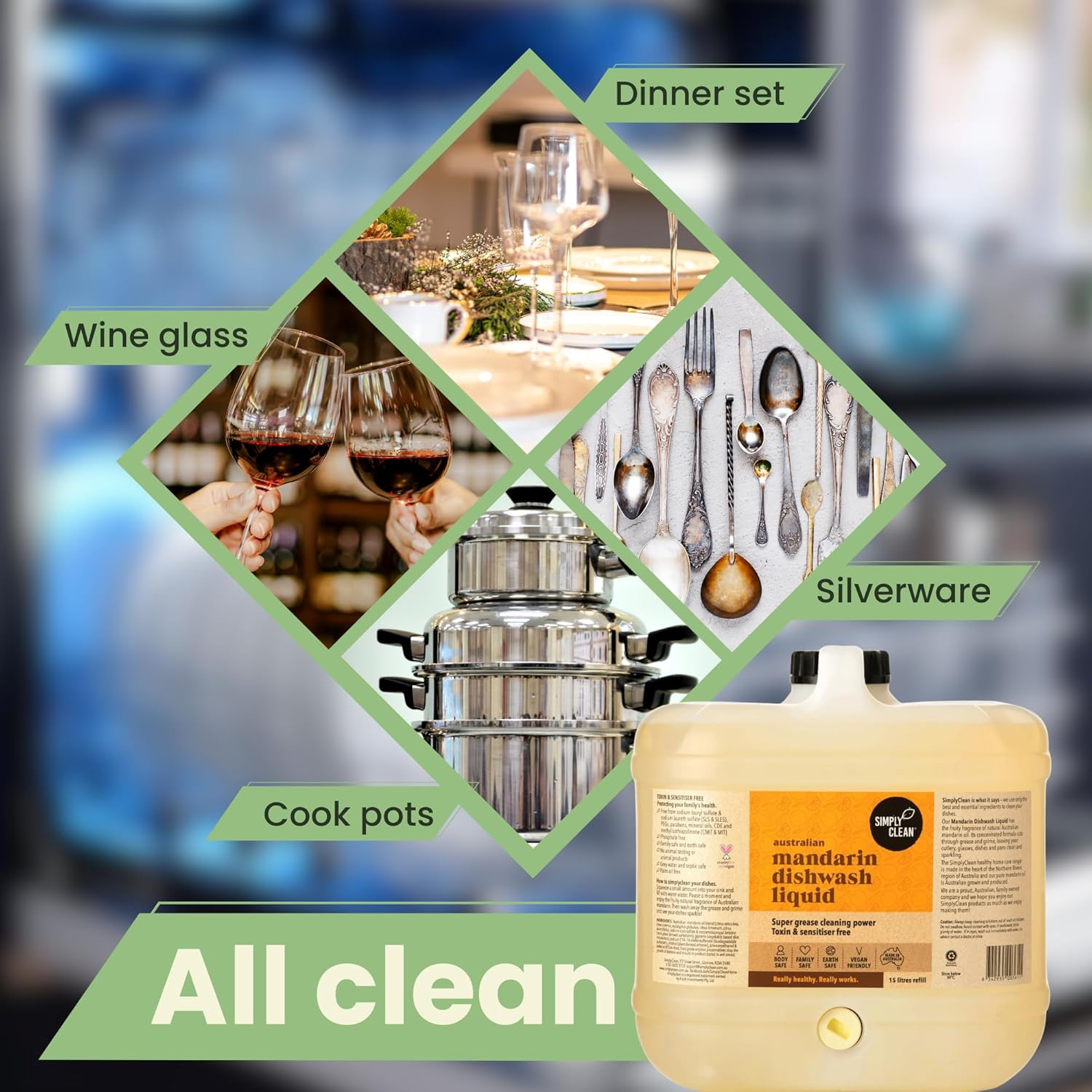 Simplyclean Mandarin Dishwash Liquid - Natural Dish Soap with Pure Australian Mandarin Essential Oil - Concentrated Grease Cutting Formula - Gentle on Skin - 15 Litres image number 2