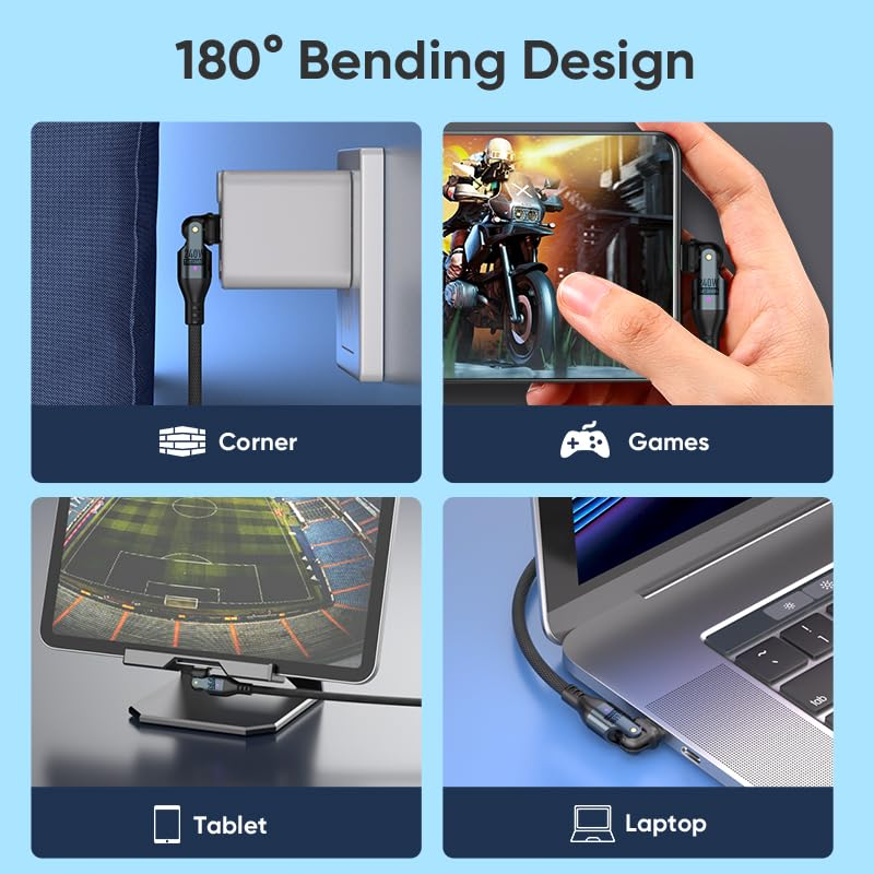 Magnilink Duo Pivot USBC to USB C Cable 2-Pack Dual Rotating 180 Degree Type C Charging Cord 240W PD Fast Charging - Great for Macbook, Ipad, Iphone, Galaxy, Steamdeck, and More