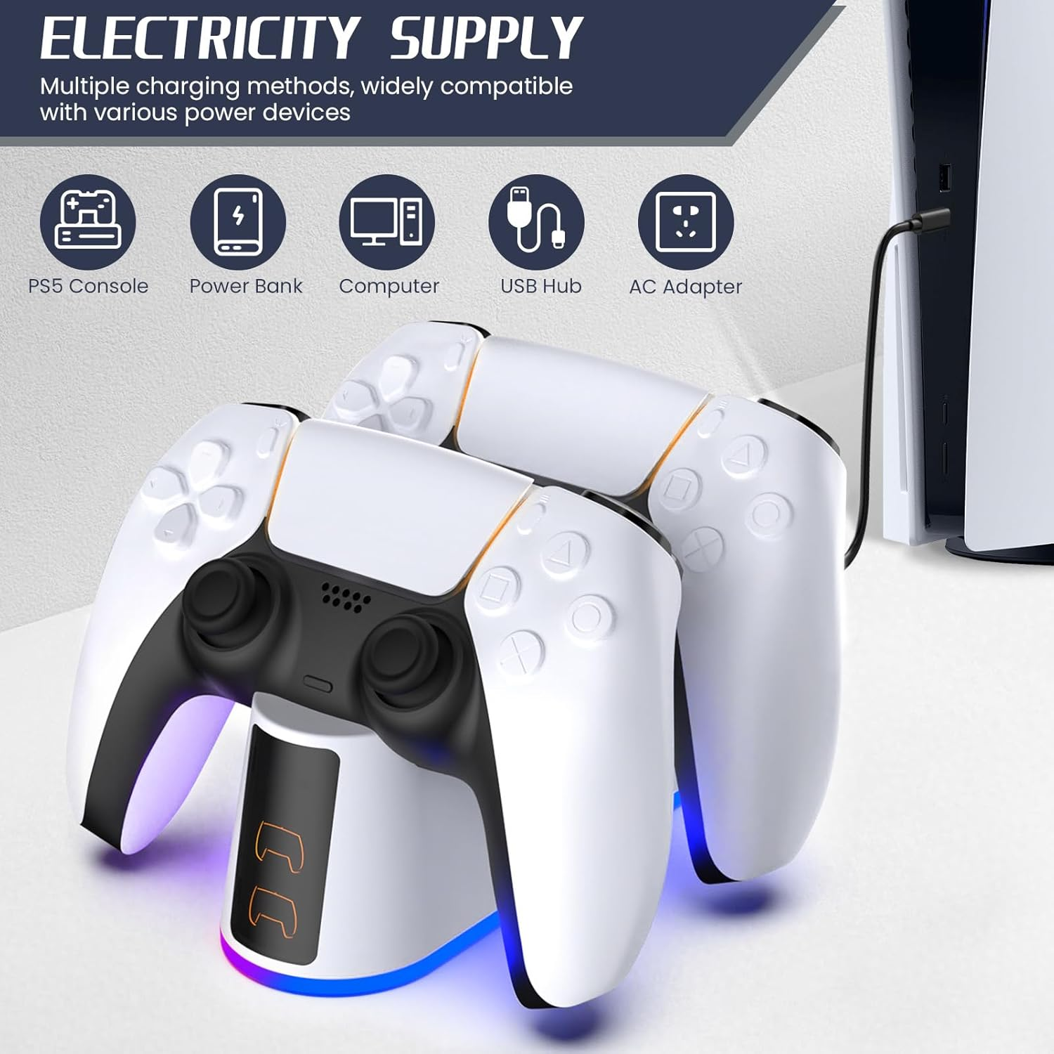 Pearyaest Controller Charger for Ps5,Fast Charging Station Dock with LED Indicator,Dualsense Charging Station for PS5 Controller,Fast Docking Charger with USB Type-C Charging(White) image number 5