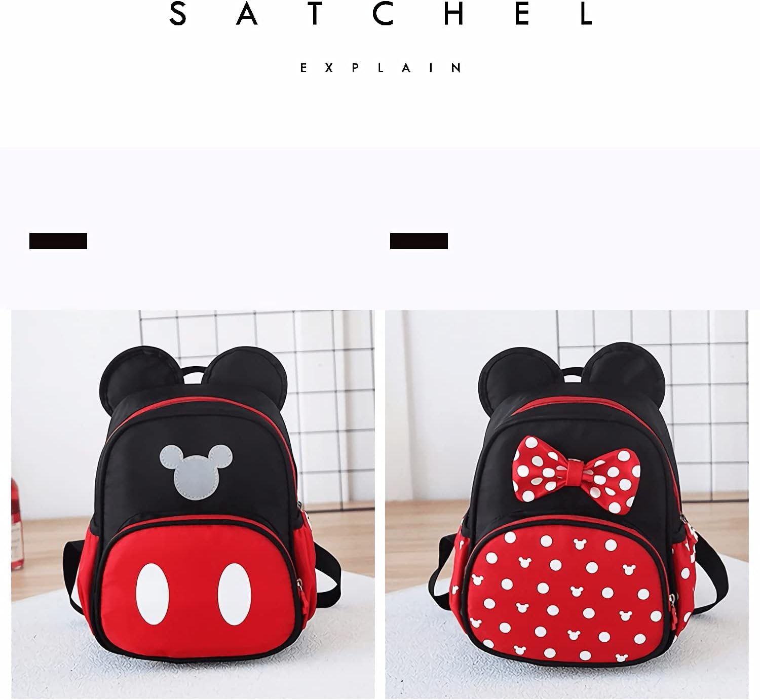 Cute Mini Backpacks, Red Cartoon Bag, Mouse Ears Bowknot Travel Daypack - Red image number 4