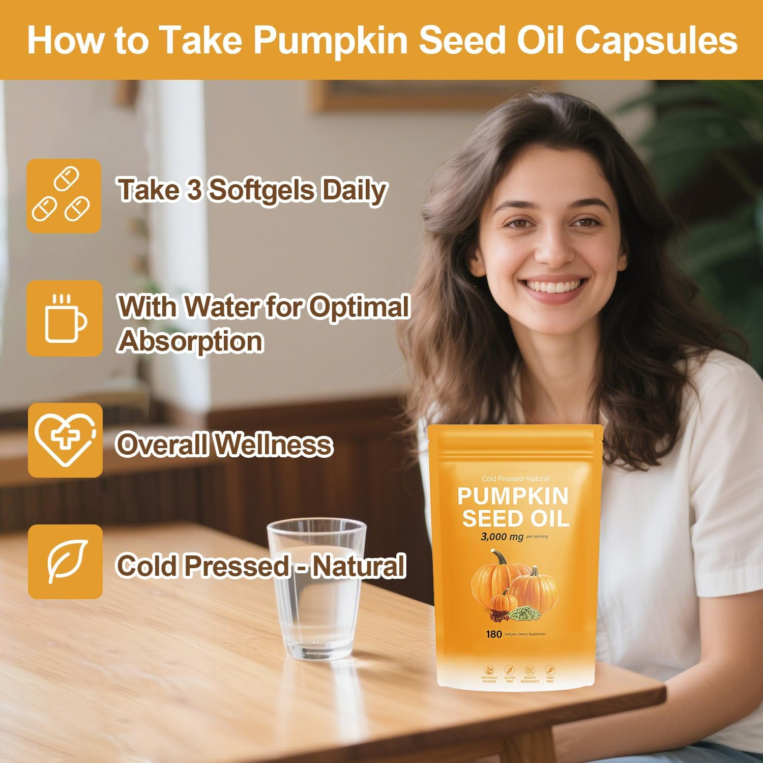 Pumpkin Seed Oil with Saw Palmetto, 3000Mg | Cold Pressed, Pure Virgin Oil, Essential Fatty Acids & Phytsterols | Non-Gmo | 180 Softgels image number 3
