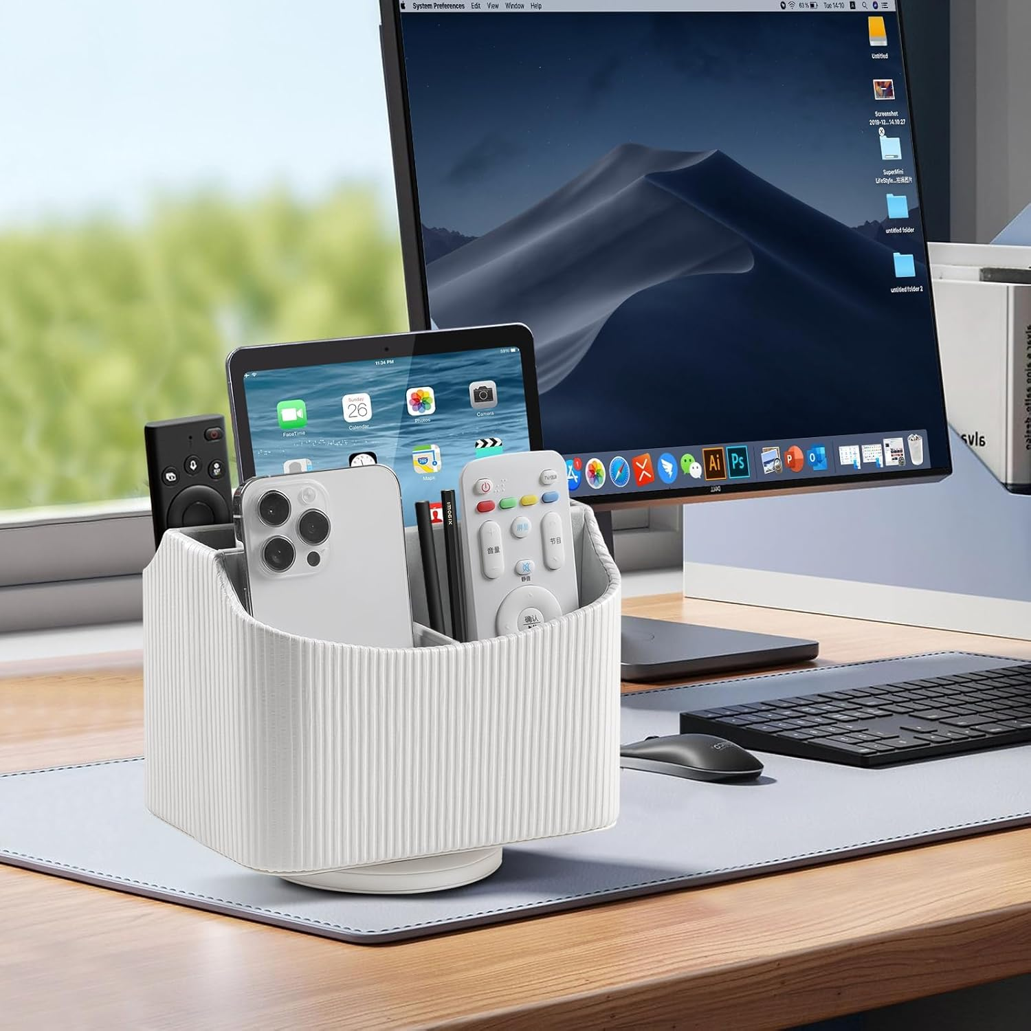 Cretkhp 360&deg;Rotatable Remote Control Holder, PU Leather Desktop Organizer with 5 Compartments for Office Home Supplies, Rotating Pen Pencil Holder for Desk (White)