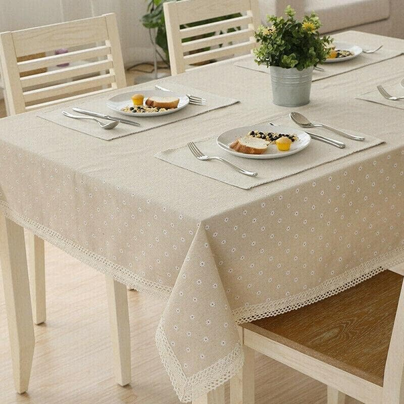 Rectangle Square Tablecloth Table Cover Flower Pattern Dining Table Cloth - Linen Cotton Dining Table Cover with Delicate Lace Edging image number 4
