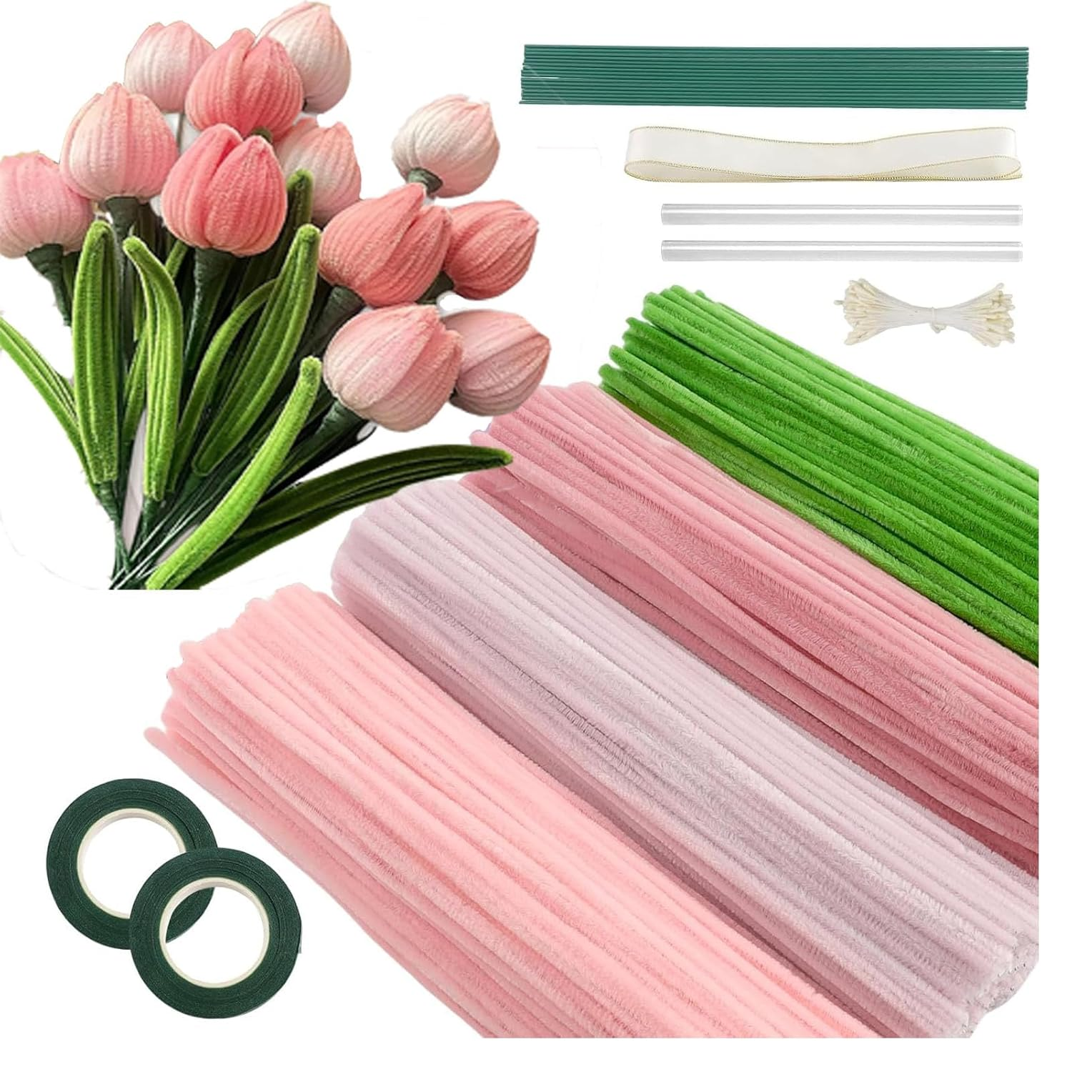 XUANZHI 400 Pcs Pipe Cleaners Craft,4 Assorted Colors Pipe Cleaners Bulk, Chenille Stems for DIY Flower Making Kit with Floral Wires, Gardening Tape,Stamen& Ribbon (Pink) image number 3