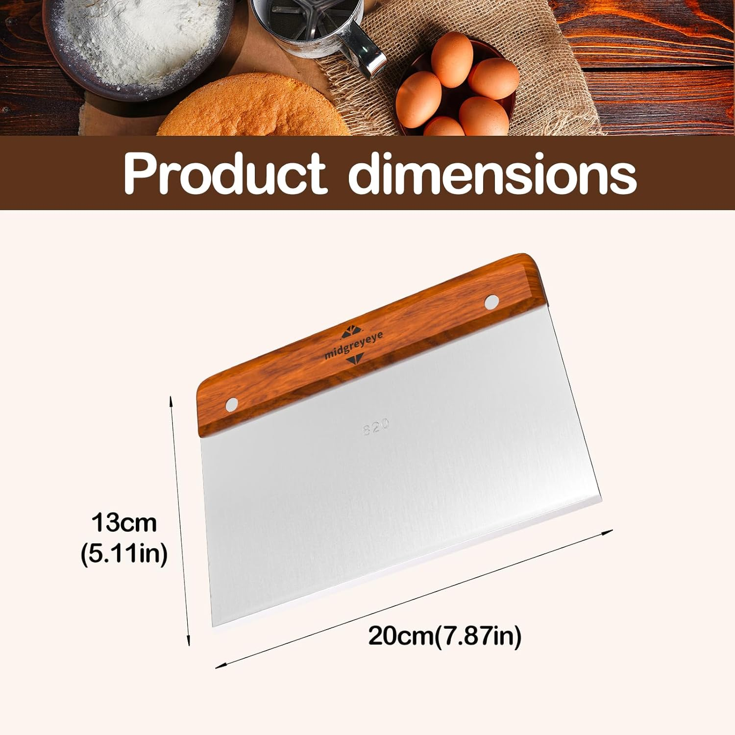 Midgreyeye Premium Bench Scraper Dough Cutter Large with Wooden Handle Dough Scraper Dough Card Dough Spatula Scraper Kitchen for Cake, Cake, Pizza, Cake, Dough, Baking Utensils (20 X 13 Cm)