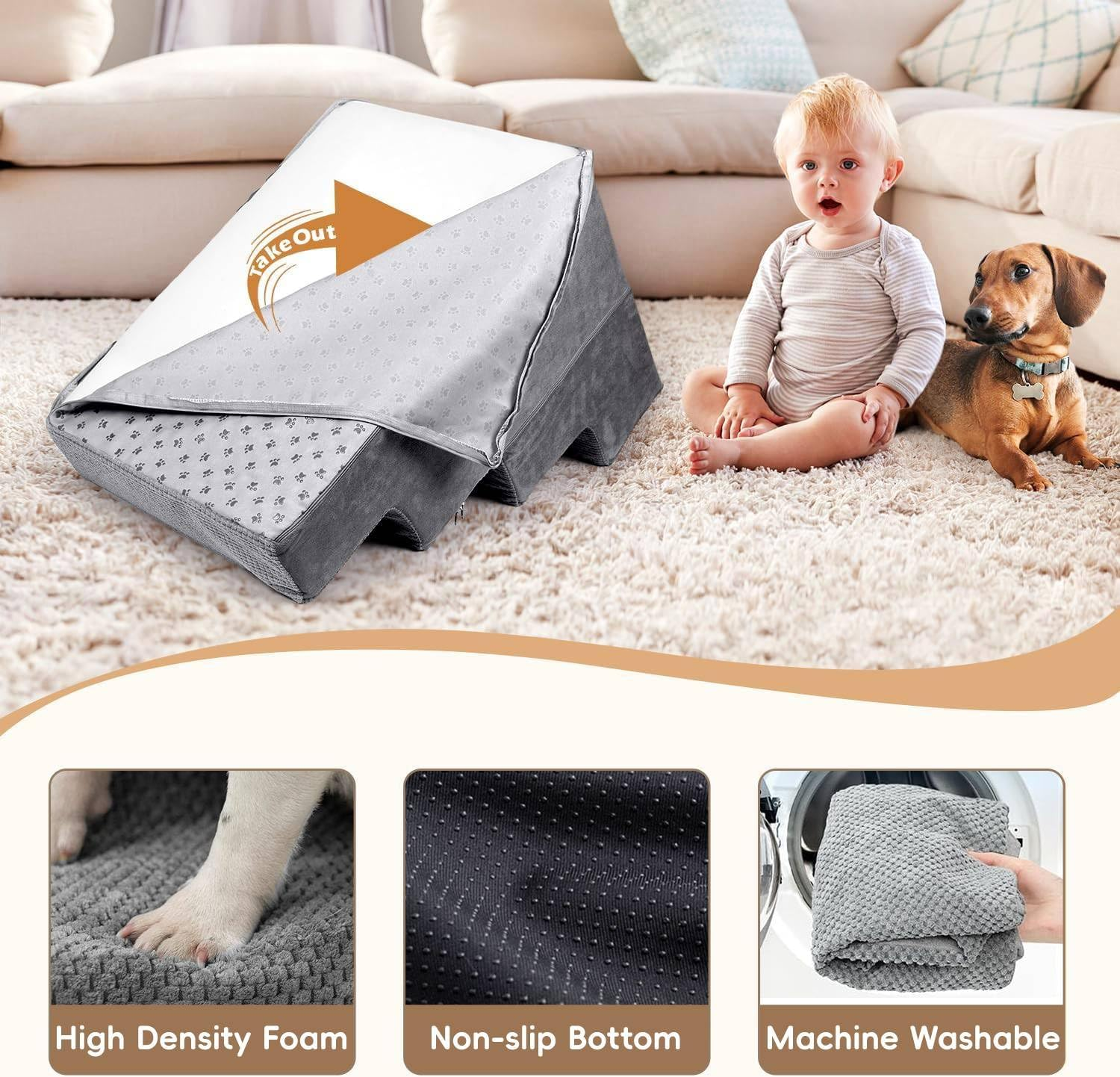 Dog Stairs for High Bed 23&rdquo;H, 45.7Cm Height 4-Step Pet Dog Steps for Small Dogs and Cats, Pet Stairs for High Bed Climbing, Non-Slip Balanced Pet Step Indoor, Removable & Washable Cover, Grey image number 3