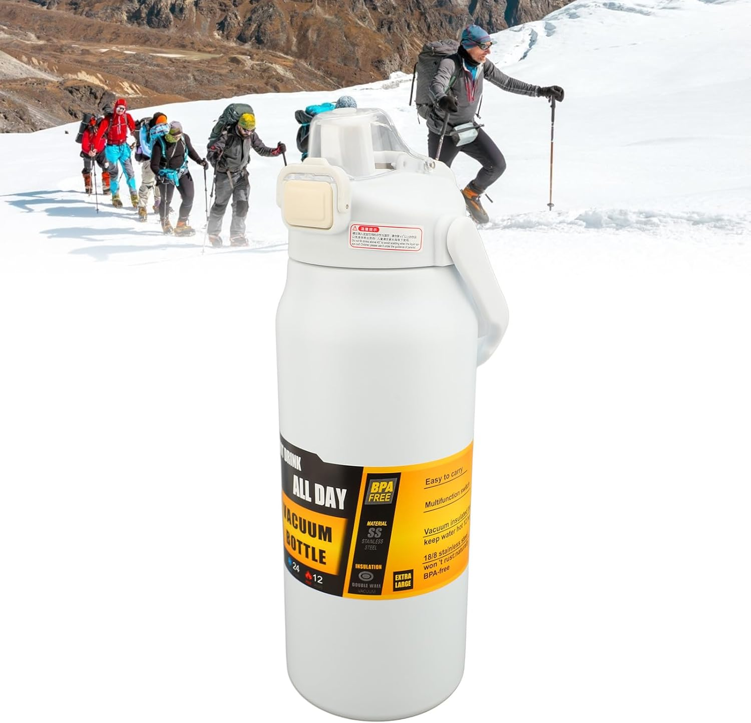 Bewinner 304 Stainless Steel Insulated Water Bottle 1.5L, Straw Lid Handle Reusable Wide Mouth Vacuum Bottle for Gym Fitness (White) - Black image number 7