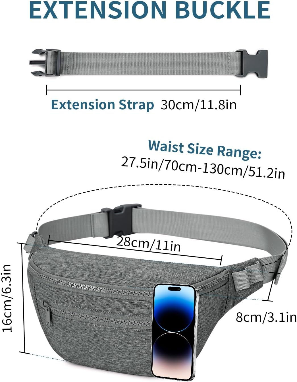 Fanny Pack for Women Men,Waist Bag Pack with Extra Extension Belt, Water Resistant Fashion Crossbody Belt Bags for Travel Walking Running Hiking, Pink Patent Pending, Grey image number 1