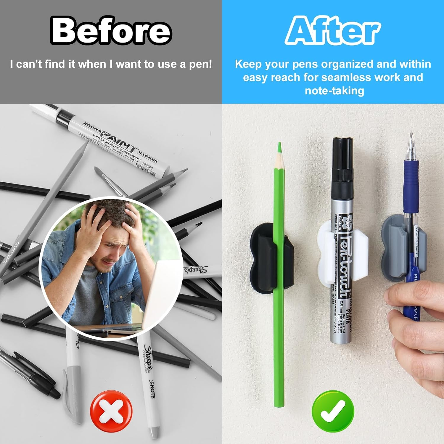 6 Pack Upgraded Pen Holder, Adhesive Pencil Pen Holder for Desk & Wall, Marker Holder, Pen Holder for Clipboard, Teacher Supplies for Classroom Kids Desk Cord Organizer Accessories Cable Clips Holder image number 5