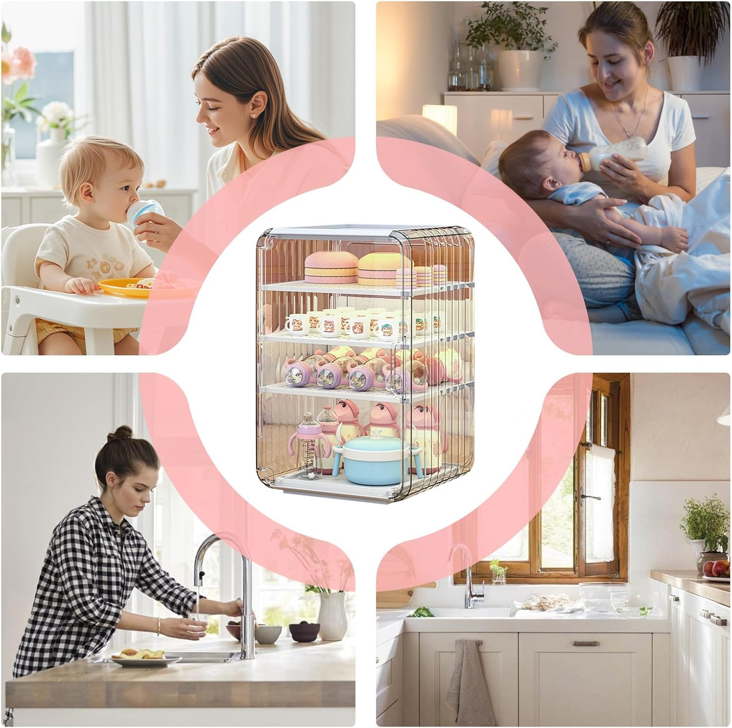 Baby Bottle Storage Organizer for Countertop Cabinet, 3/4 Layers Nursery Drying Rack Child Tableware, Baby Bottles Station Organizer Container, Space-Saving Dust Protection Clear Bottle Holder image number 6