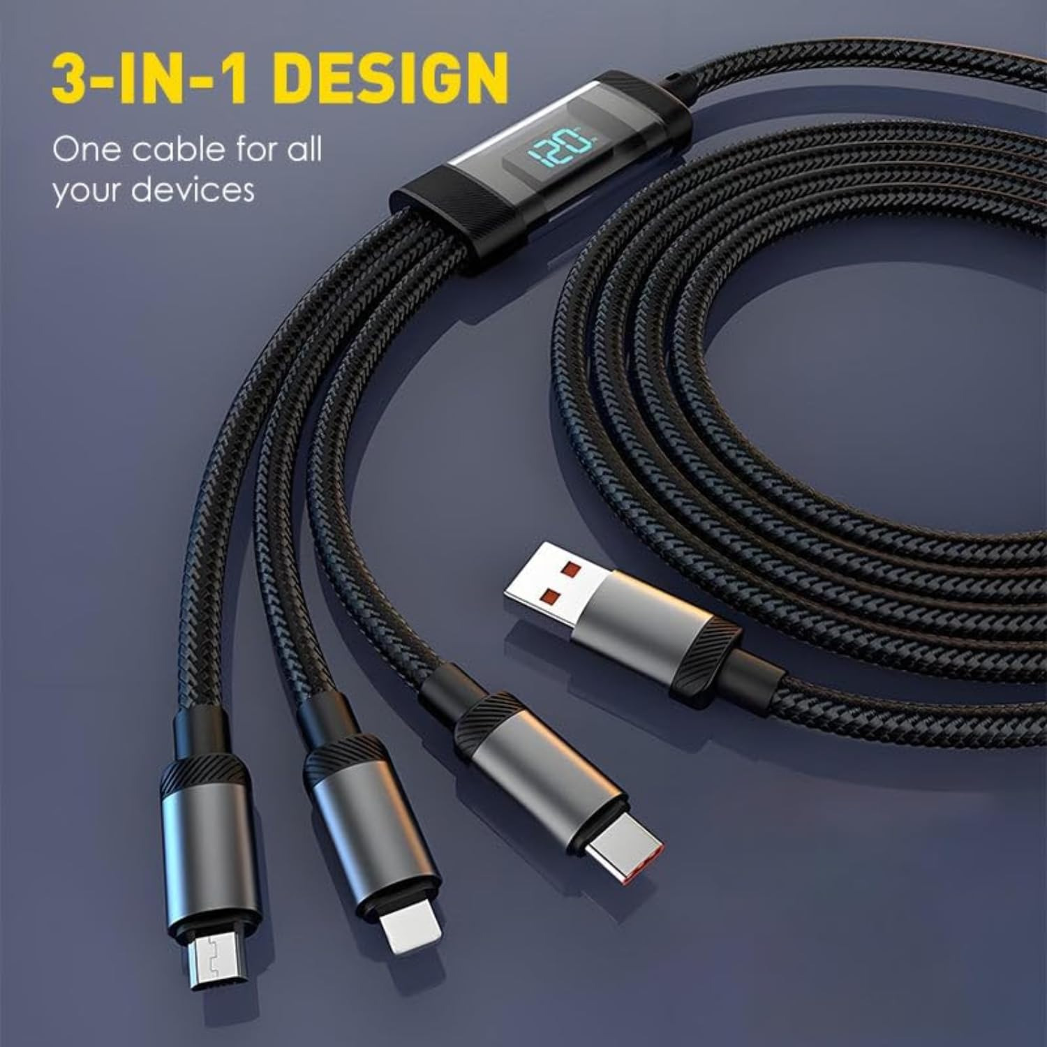USB C Fast Charging Cable 120W 3 in 1, 2M/6.6Ft Nylon Braided Cord with LED Display, Universal Charger for Iphone 16/15/14/13, Samsung, Android, Pad, Type-C & Micro-Usb Devices image number 2