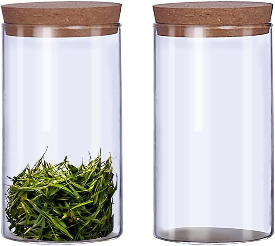 2Pcs 300Ml/10Oz Kitchen Storage Containers with Cork Lids Refillable Clear Glass Food Canisters Storage Container Vial Jars for Tea Coffee Flower Dry Goods Pantry image number 2