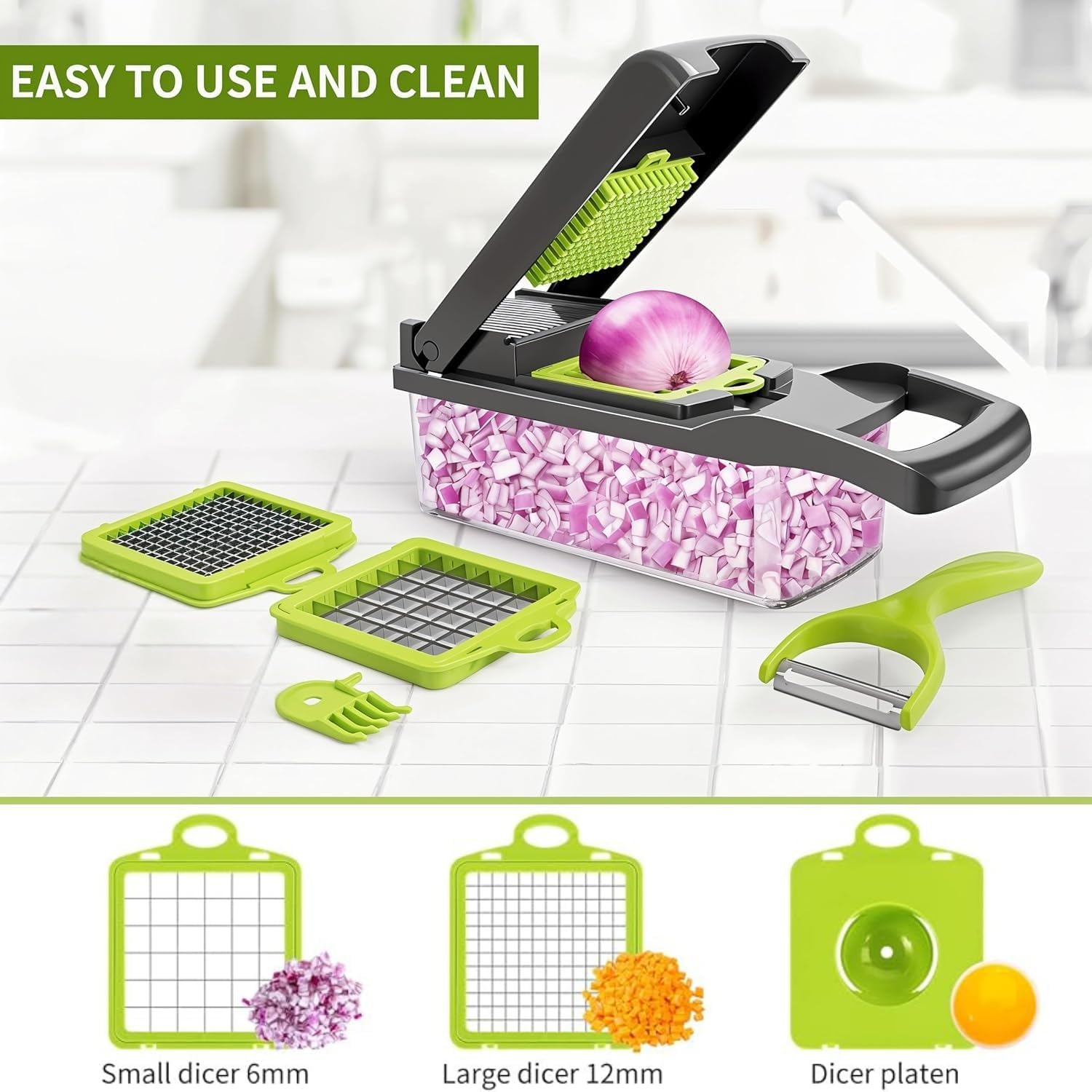 Vegetable Chopper, Multifunctional 16 in 1 Food Chop Onion Chopper Vegetable Slicer Cutter Dicer Veggie Chopper + 8 Blades,Colander Basket,Container for Salad Potato Carrot Garlic (Green+Black+White) image number 6