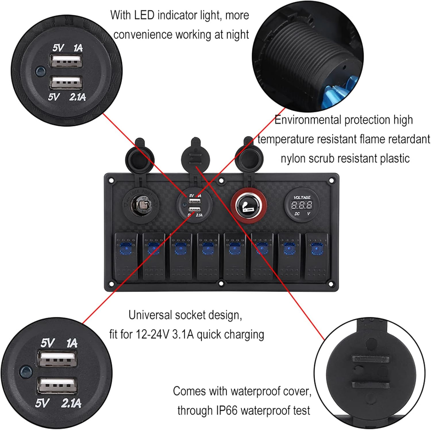 8 Gang Car Rocker Switch Panel with Blue LED Light Indicator, USB, Voltmeter for Boat, Ship, Car, 12V-24V Vehicles image number 1