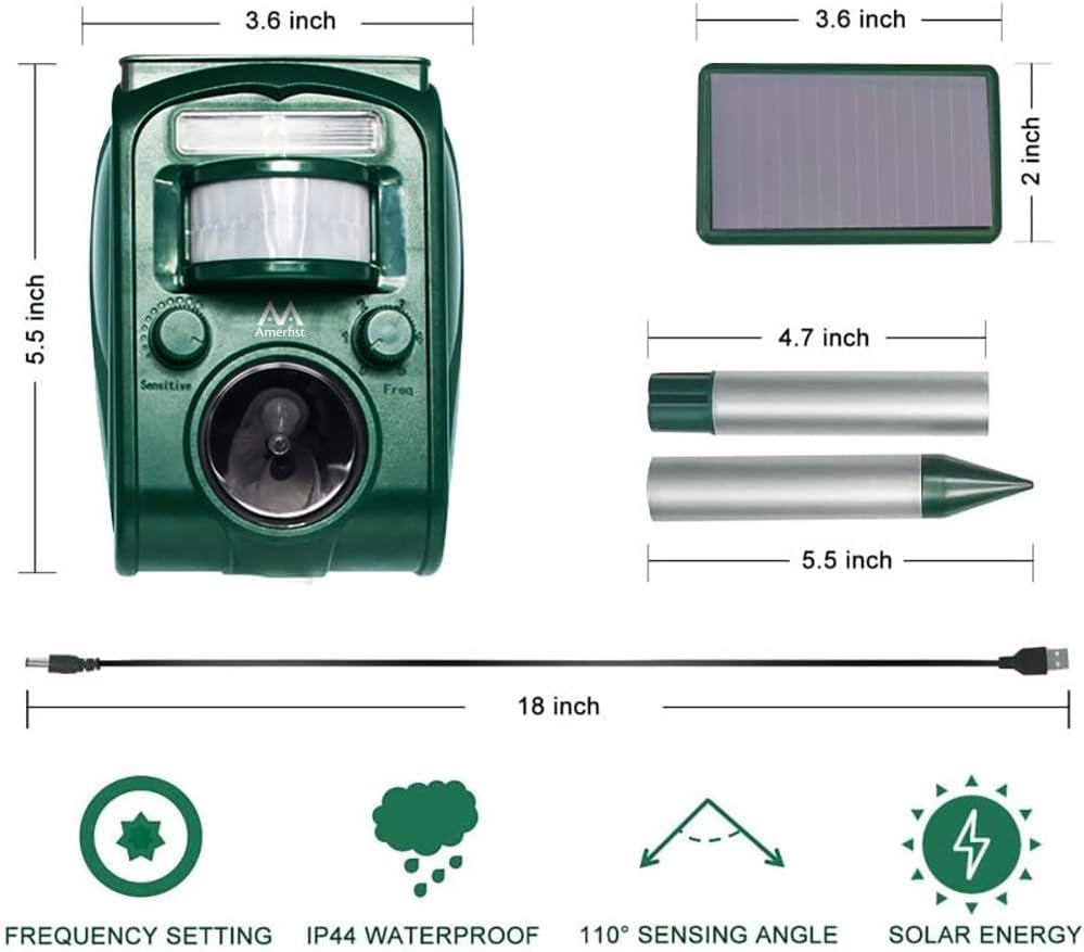 AMERFIST Solar Animal Repeller, 2021 Ultrasonic Mole Repellent, Rat, Squirrel, Deer, Raccoon, Skunk, Rabbit, Mole, Dog, Cat, Waterproof with Motion Detector, USB Rechargeable, Flashing Light (Green) image number 3