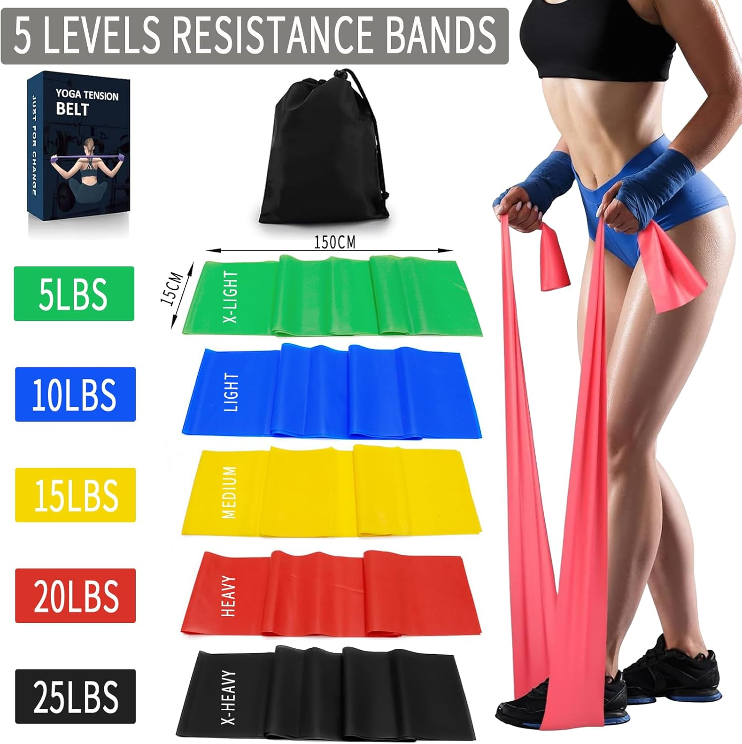 Resistance Bands Set, 5 Pcs Exercise Bands, Elastic Stretch Bands for Physical Therapy, Strength Training, Yoga, Pilates, At-Home or the Gym Workouts image number 1