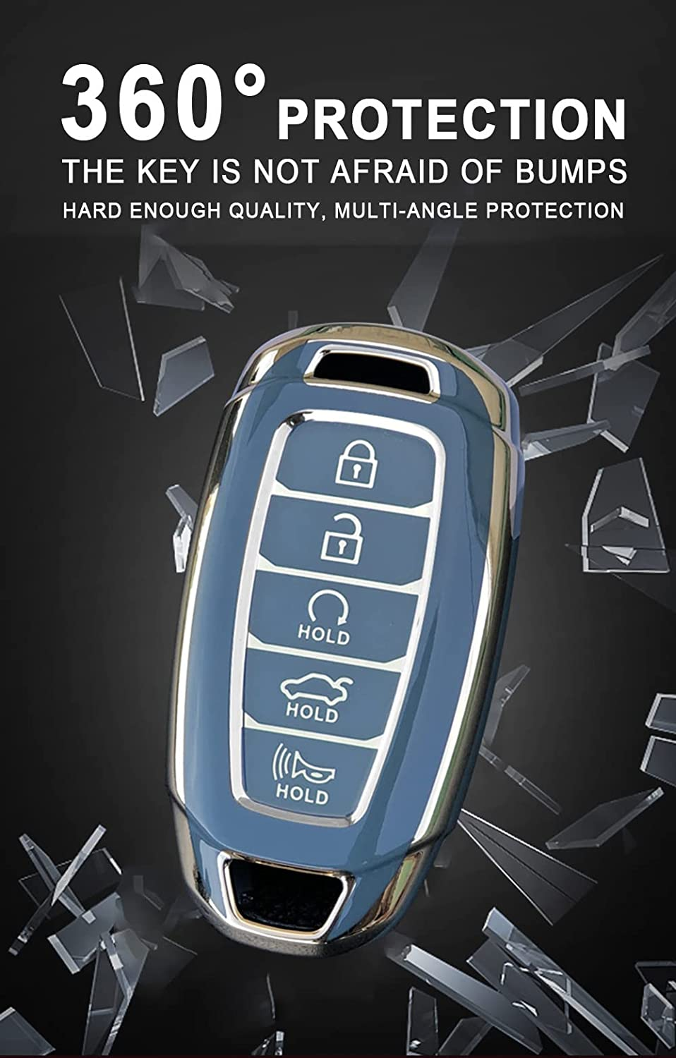 HIBEYO Key Fob Cover for 2018 2019 2020 2021 2022 Hyundai Santa Fe Venue Kona Veloster Palisade Elantra GT Accessories with Keychians Key Case Shell Soft TPU 4 Button-White - Black image number 6