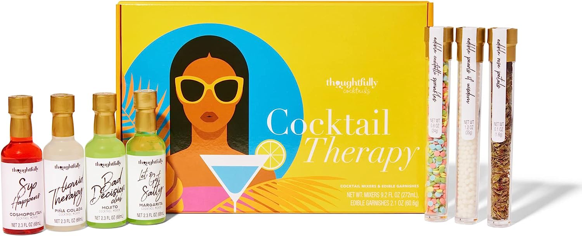 Thoughtfully Cocktails, Cocktail Therapy Mixer Gift Set, Includes Cosmo, Margarita, Mojito, and Pina Colada Flavoured Cocktail Mixers and Edible Pearl, Rose Petal and Confetti Garnishes, Set of 7 image number 3