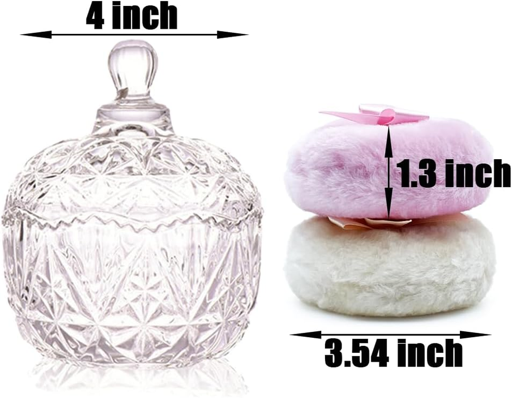 Luxury 4 Inch Glass Loose Powder Container with 2 Soft 3.5" Puffs｜Non-Sealed Refillable Organizer Storage for Body Powder Makeup & Jewelry & Setting Applicator(Crown-Clear) image number 2