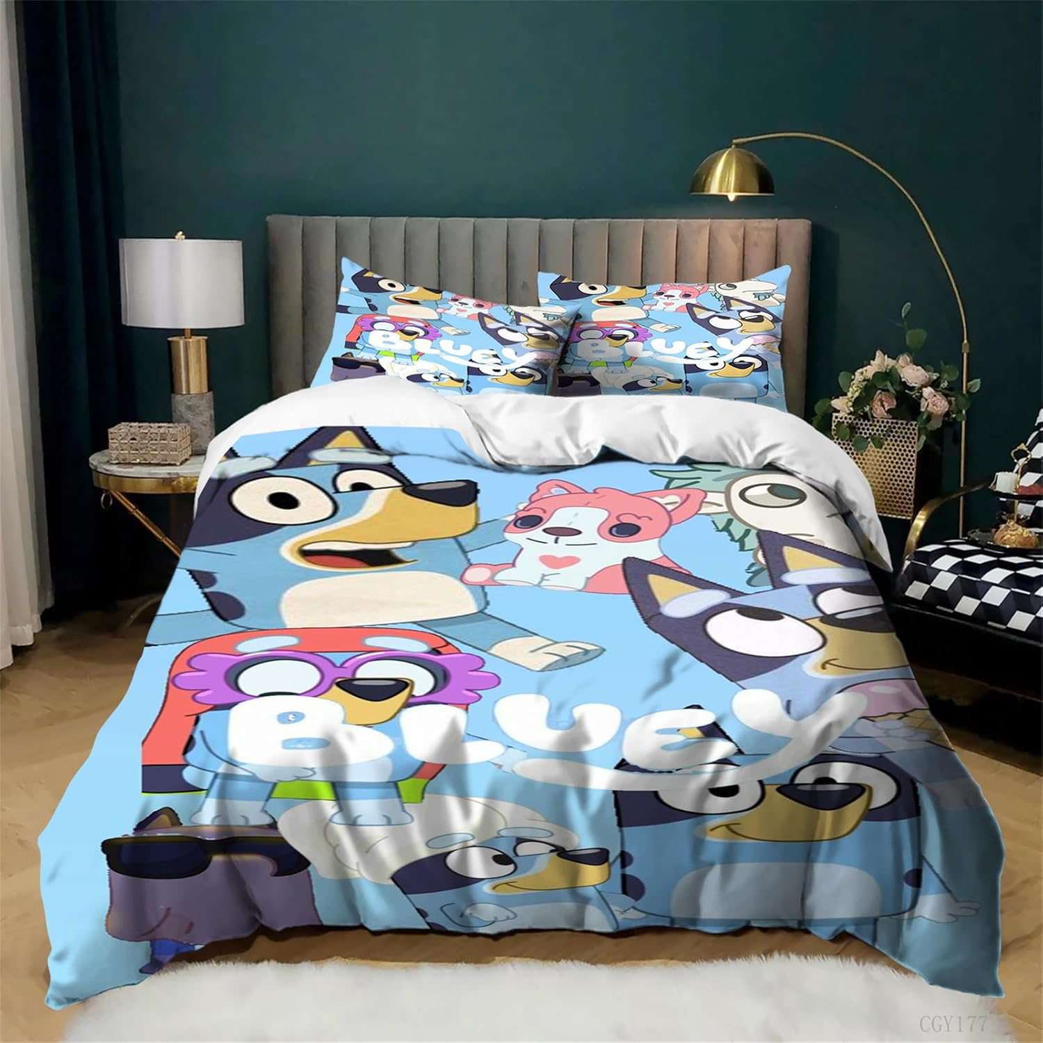 Kids Duvet Cover Set Cartoon Bedding Set for Boys Girls 3 Pieces Bluey Soft Breathable Comforter Set(1 Duvet Cover+2 Pillowcase)