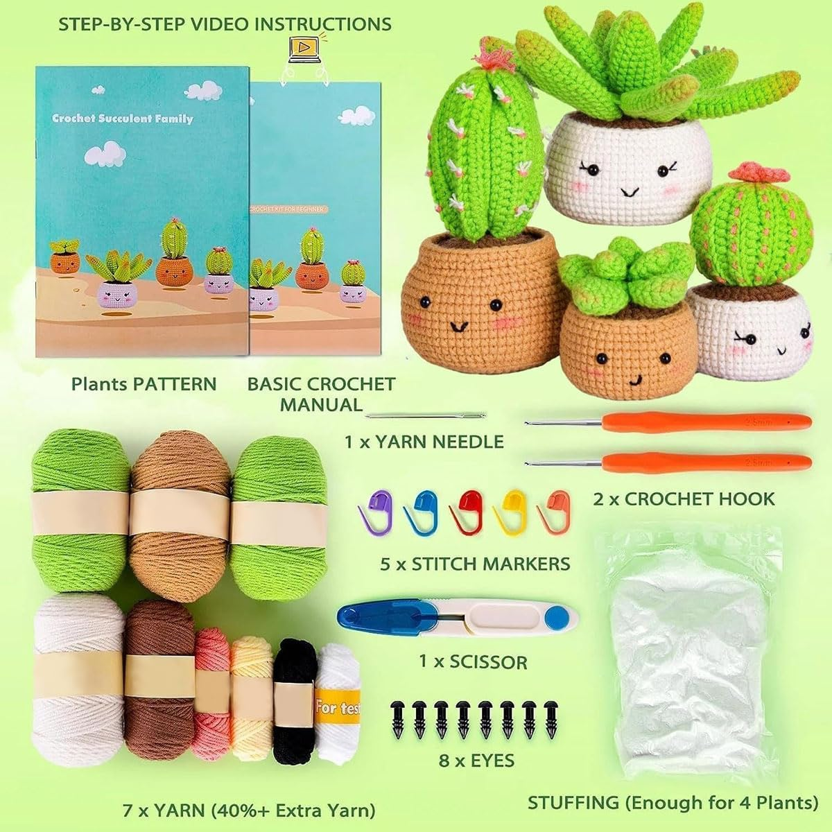 Crochet Kit for Beginners, Beginner Crochet Starter Kit with Step-By-Step Video Tutorials, Beginner Crochet Kit for Adults Kids, Knitting Kit for Beginners, Cactus image number 3