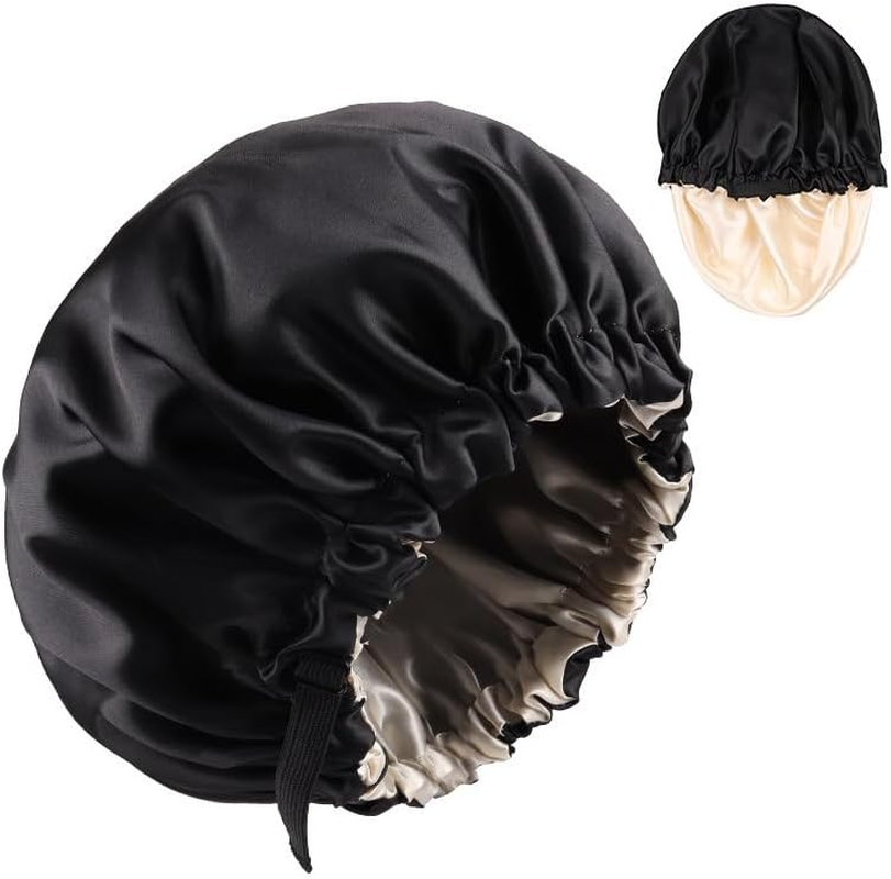 Wzenclave Large Satin Bonnet Silk Bonnet for Sleeping Women Men, Hair Bonnet Double Layer Reversible with Elastic Tie Band Adjustable Night Sleep Cap Wrap for Curly Hair