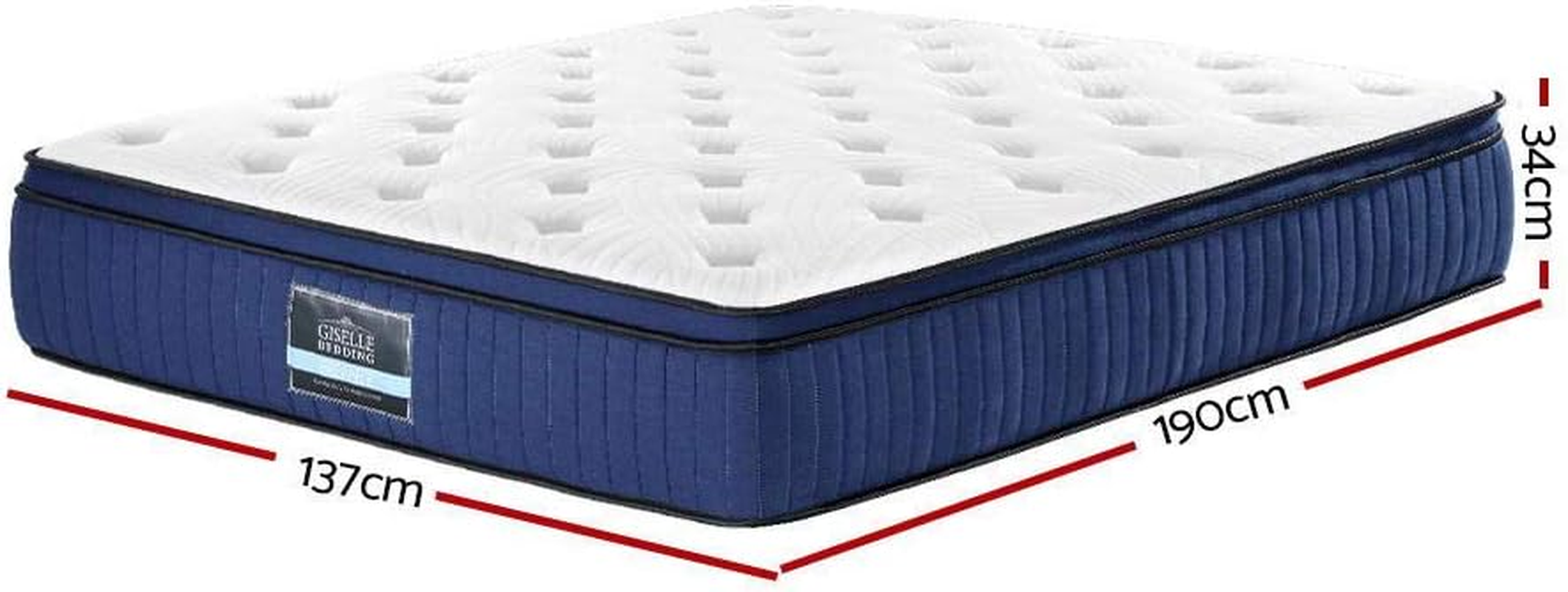 Giselle Bedding Double Mattress Bed Mattresses Cool Gel Memory Foam 34Cm Thickness, with 7-Zone Pocket Spring System and Breathable Euro Top, 5Yrs Warranty, Medium Firm, White + Blue Vacuum Packed image number 4