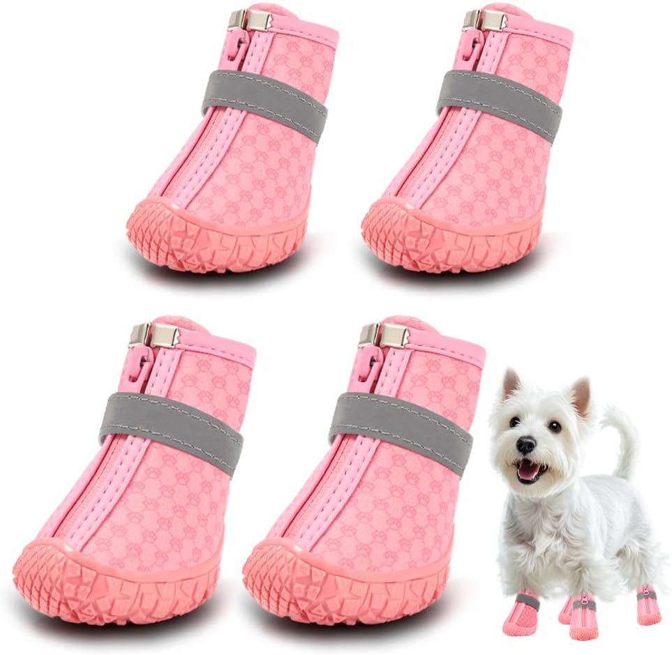 Dog Shoes for Small Dogs Boots, Waterproof Dog Booties Paw Protector for Outdoor Walking, Puppy Shoes with Reflective Strips Rugged Anti-Slip Sole for Hardwood Floors Hot Pavement Winter Snow 4Pcs/Set image number 7
