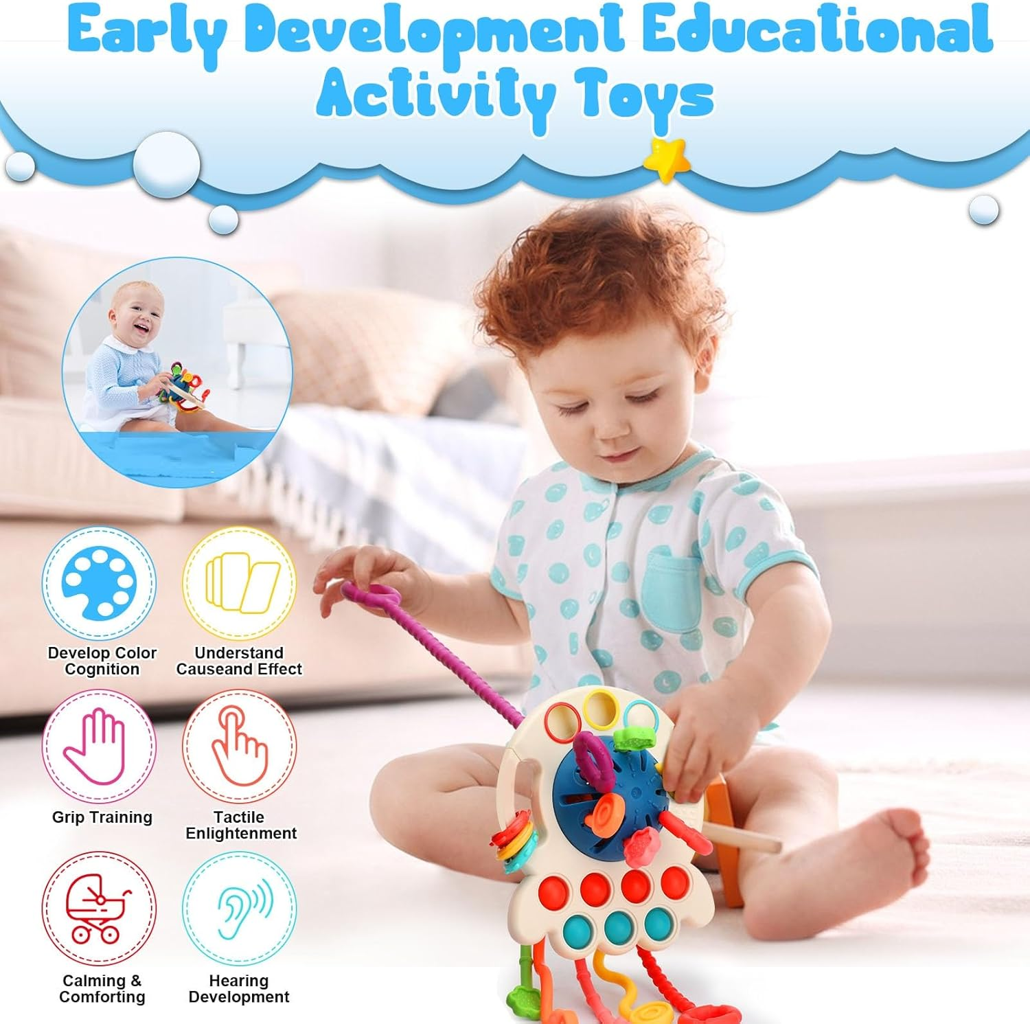 Pull String Activity Toy - Montessori Sensory Toys for Toddlers, Baby Travel Toys, Fine Motor Skills Toys, Boys/Girls/Toddlers Octopus image number 4