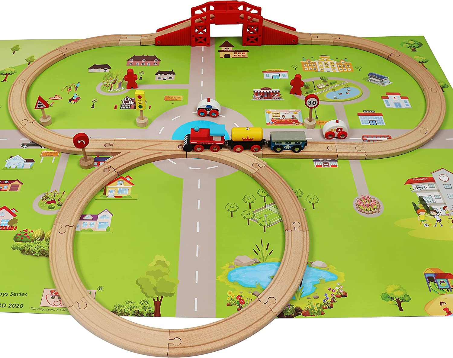Wooden Train Set with Town Map-Shinington Railway Track Construction Building Toys for 3 Years Old Kids Boys Girls-Vehicles Transport Wooden Toys for Toddlers 3 4 5 Years Old image number 5
