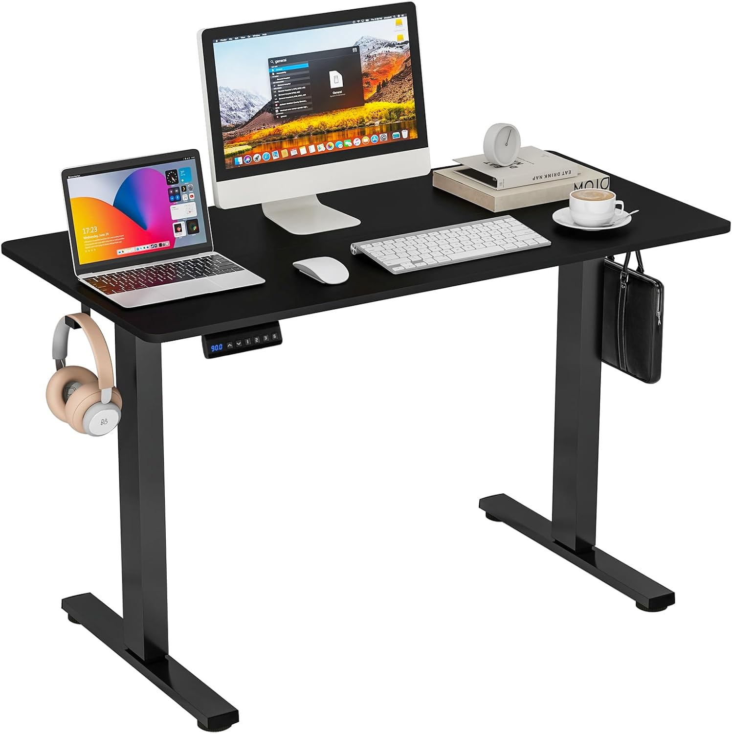 Giantex Electric Standing Desk, 140 X 60 Cm Sit Stand Home Office Desk with 3 Memory Height Settings, Height Adjustable Computer Desk with 2 Hanging Hooks & Cable Management (White)