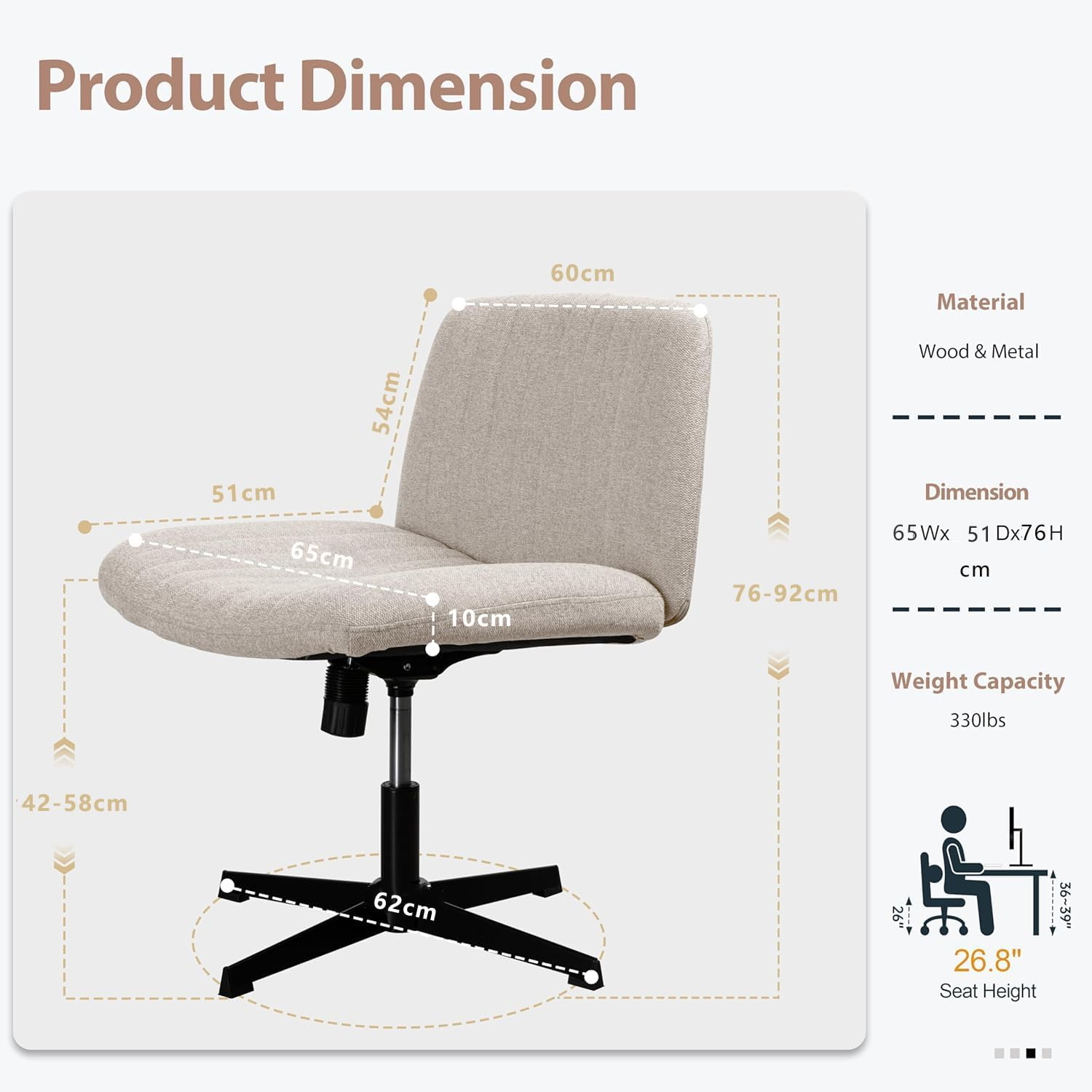 Cross Legged Desk Chair-Wide Seat Fabric Armless Chair Cloth Surface with Wheels and Back, Swivel Desk Chair for Home, Make Up, Bedroom Computer Task Chair, Beige image number 4