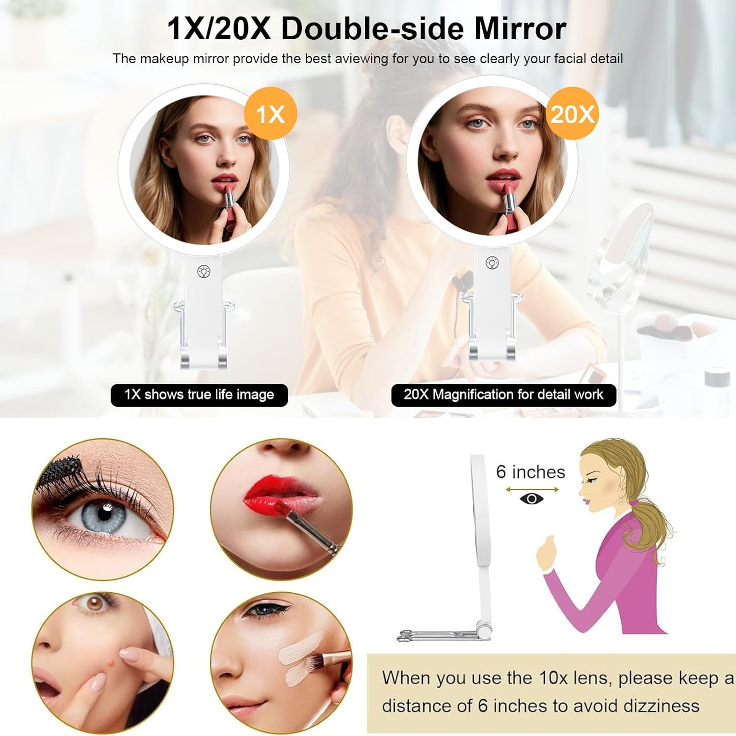 UOEPOWA 20X Magnifying Makeup Mirror, Mirror with 3 Modes Light and Adjustable Brightness, Hanging and Handheld Mirror, Portable Travel Makeup Mirror, 1X20X Double Sided Vanity Mirrors for Women image number 3